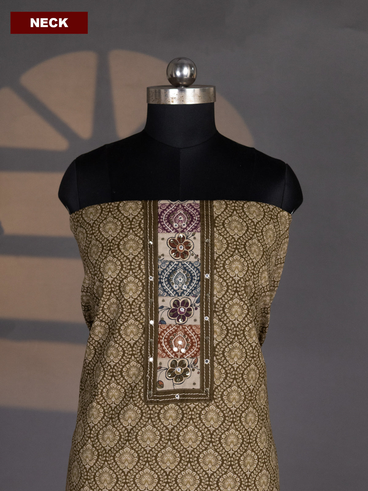 Dark Mehendi Green and Beige Cotton Dress Material With Allover Prints & Embroidery Work Neck Pattern and Bottom & Dupatta