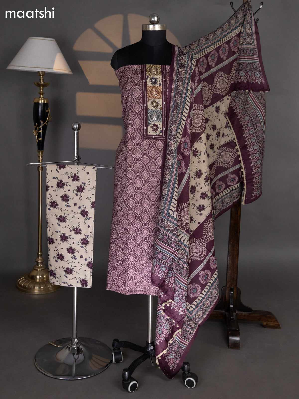 Wine and Beige Cotton Dress Material With Allover Prints & Embroidery Work Neck Pattern and Bottom & Dupatta