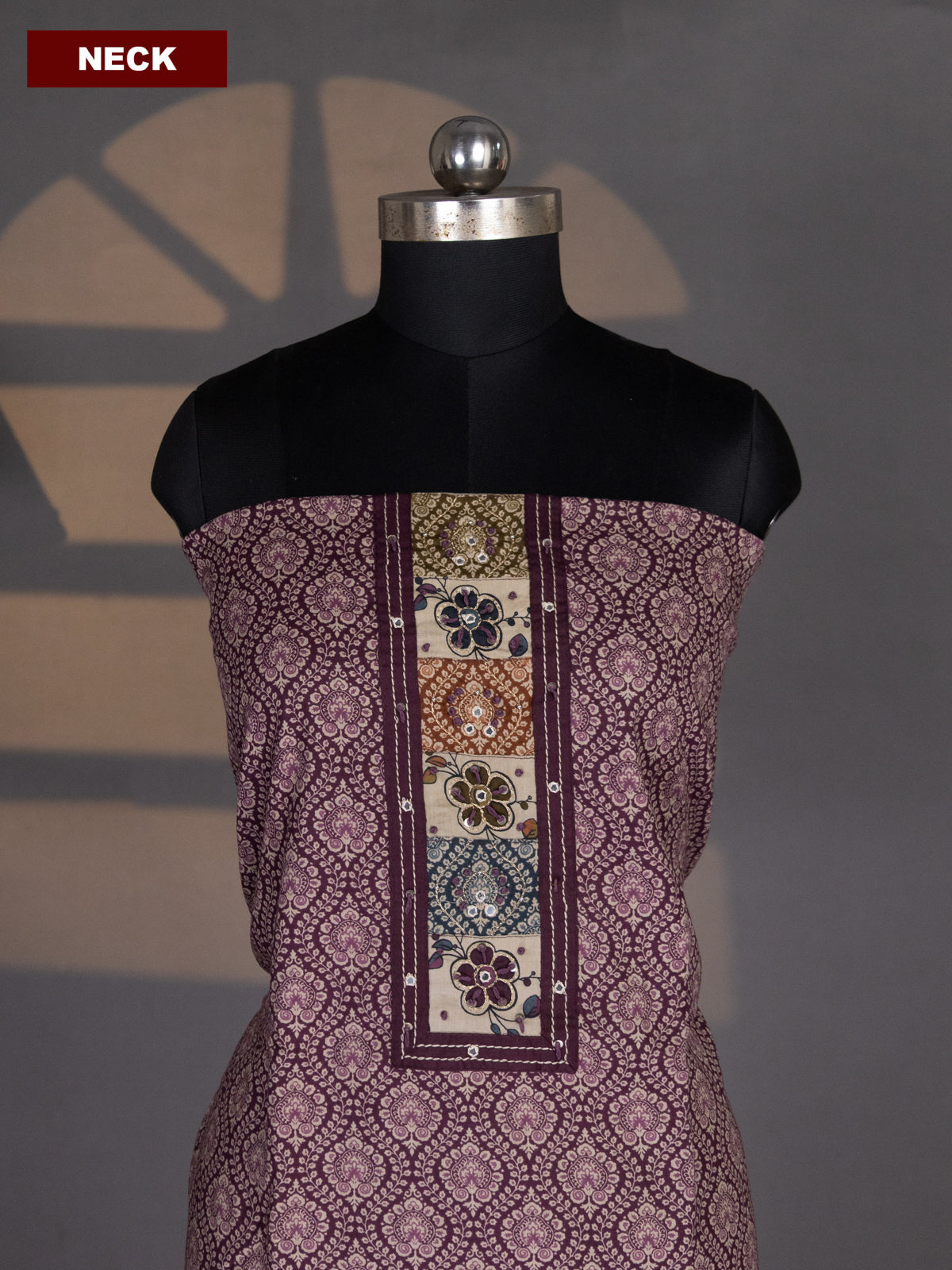 Wine and Beige Cotton Dress Material With Allover Prints & Embroidery Work Neck Pattern and Bottom & Dupatta