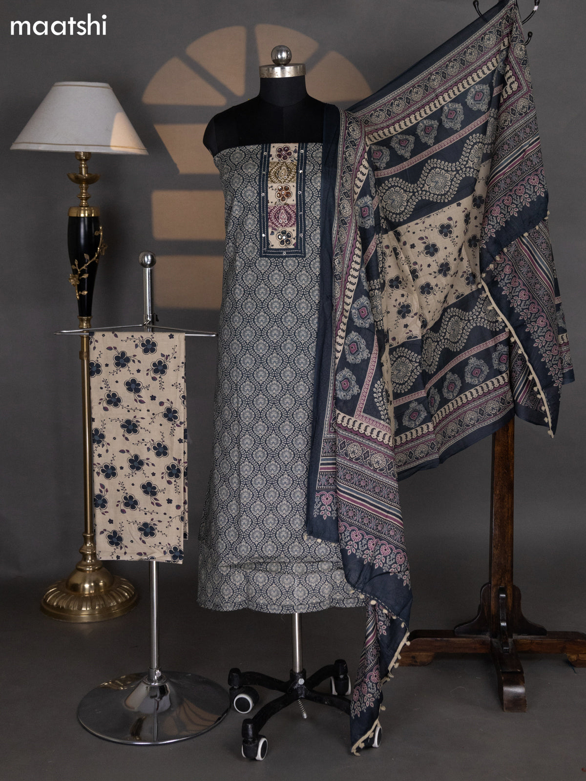 Dark Grey and Beige Cotton Dress Material With Allover Prints & Embroidery Work Neck Pattern and Bottom & Dupatta