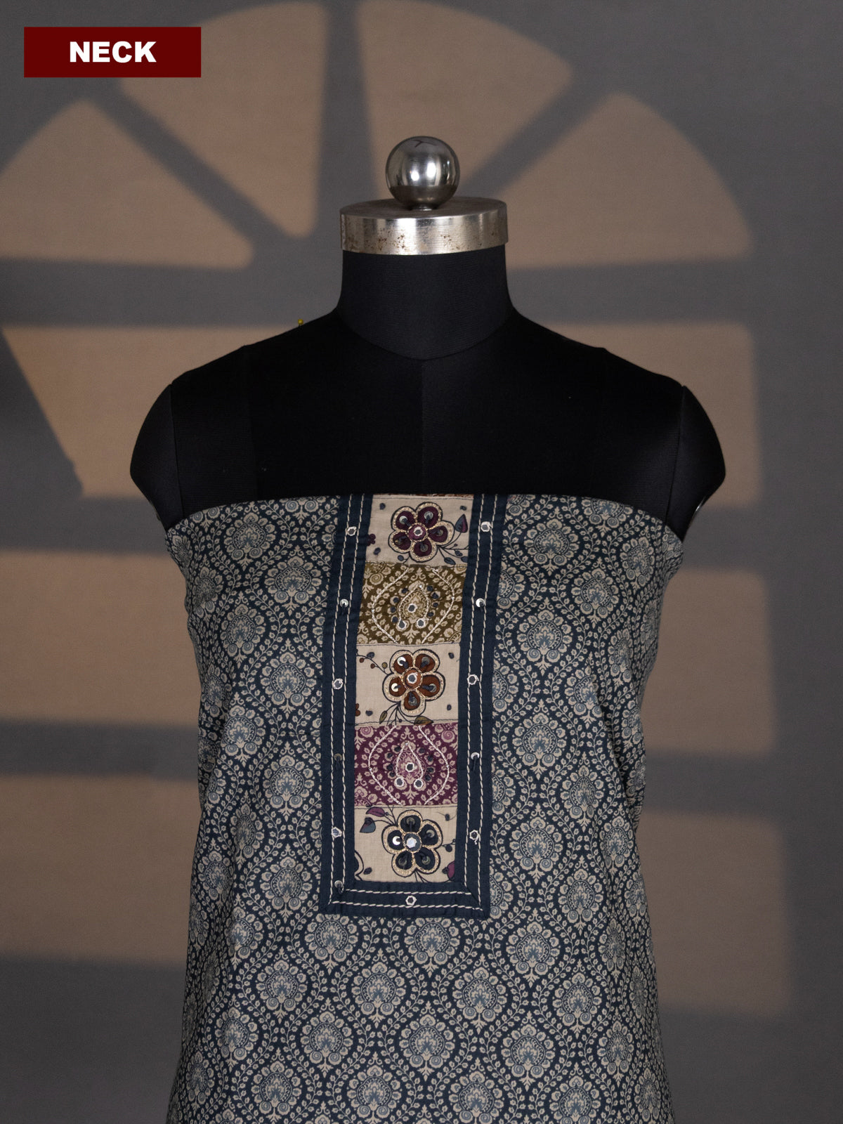 Dark Grey and Beige Cotton Dress Material With Allover Prints & Embroidery Work Neck Pattern and Bottom & Dupatta