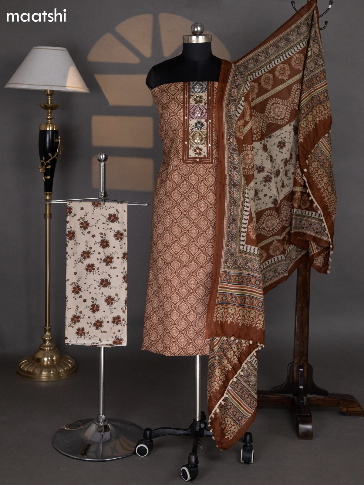 Dark Rust and Beige Cotton Dress Material With Allover Prints & Embroidery Work Neck Pattern and Bottom & Dupatta