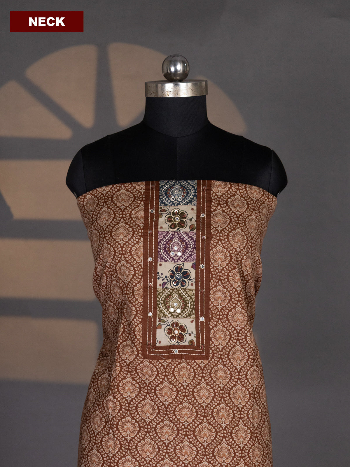 Dark Rust and Beige Cotton Dress Material With Allover Prints & Embroidery Work Neck Pattern and Bottom & Dupatta