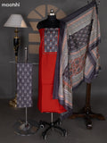Dark Rust and Grey Cotton Dress Material With Plain Body & Embroidery Work Neck Pattern