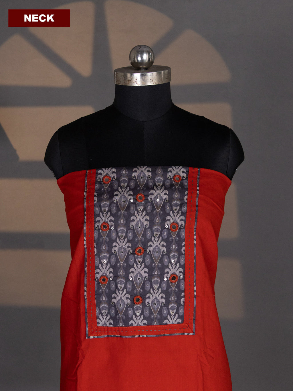 Dark Rust and Grey Cotton Dress Material With Plain Body & Embroidery Work Neck Pattern