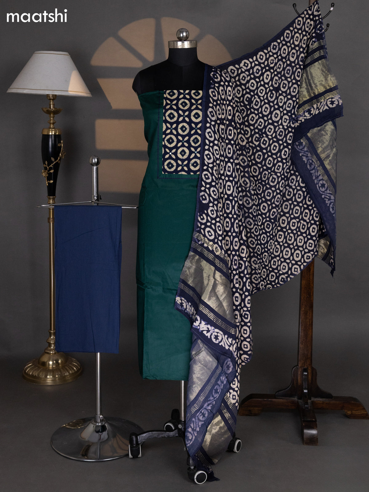 Green and Navy Blue Cotton Dress Material With Plain Body & Batik Patch Work Neck Pattern