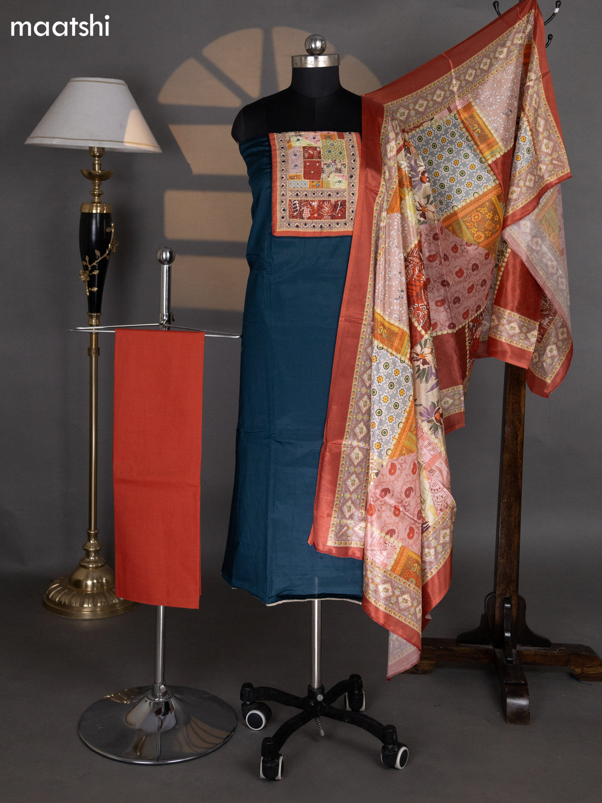 Dark Peacock Green Cotton Dress Material With Plain Body & Patch Work Neck Pattern