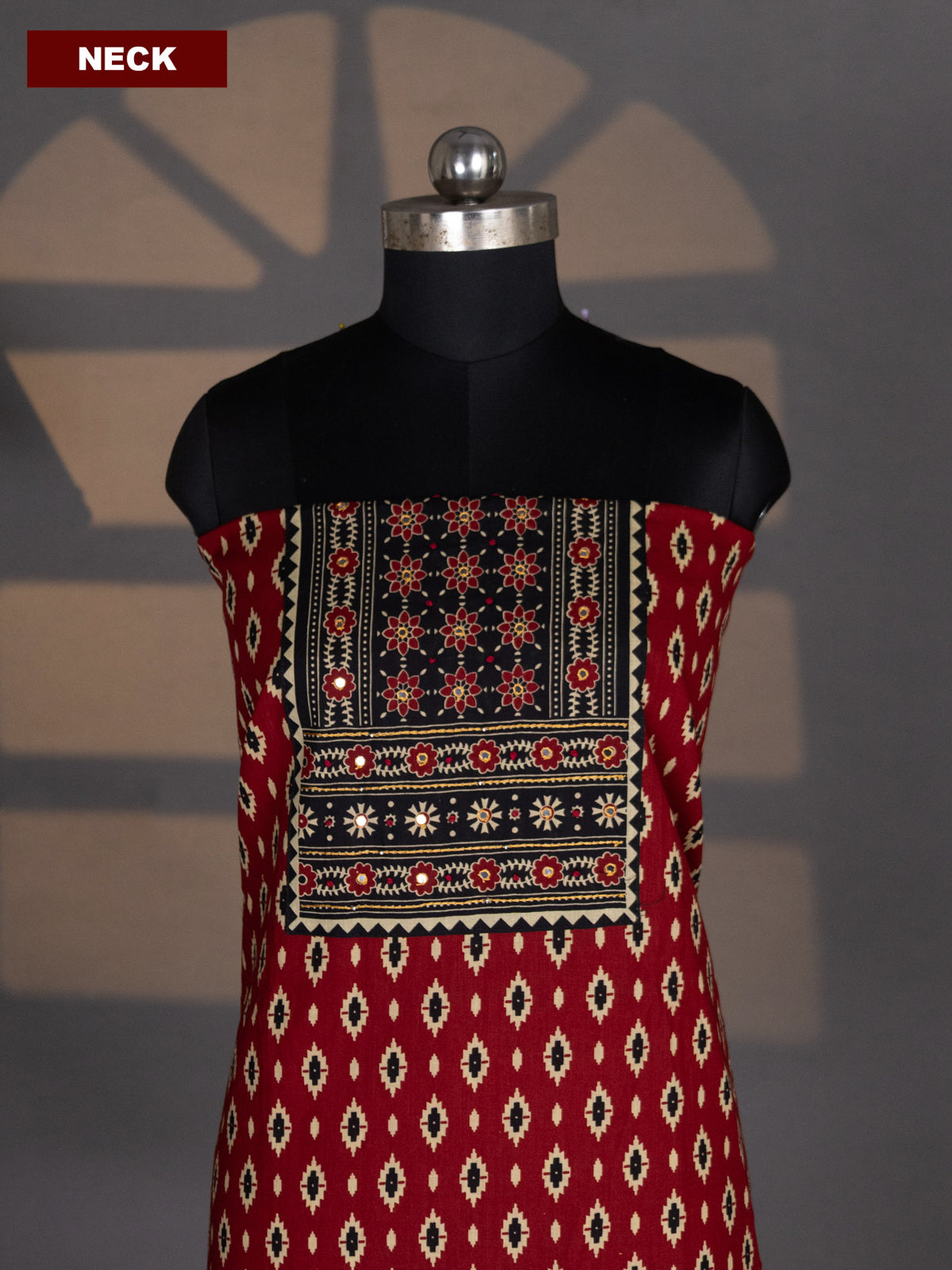 Maroon and Black Cotton Dress Material With Ikat Buttas & Simple Embroidery Work Neck Pattern