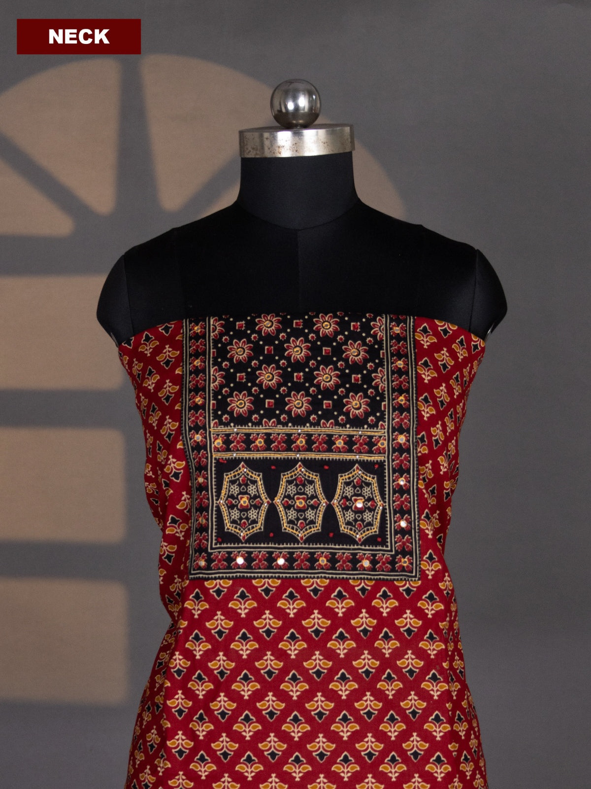 Maroon and Black Cotton Dress Material With Allover Butta Prints & Patch Work Neck Pattern