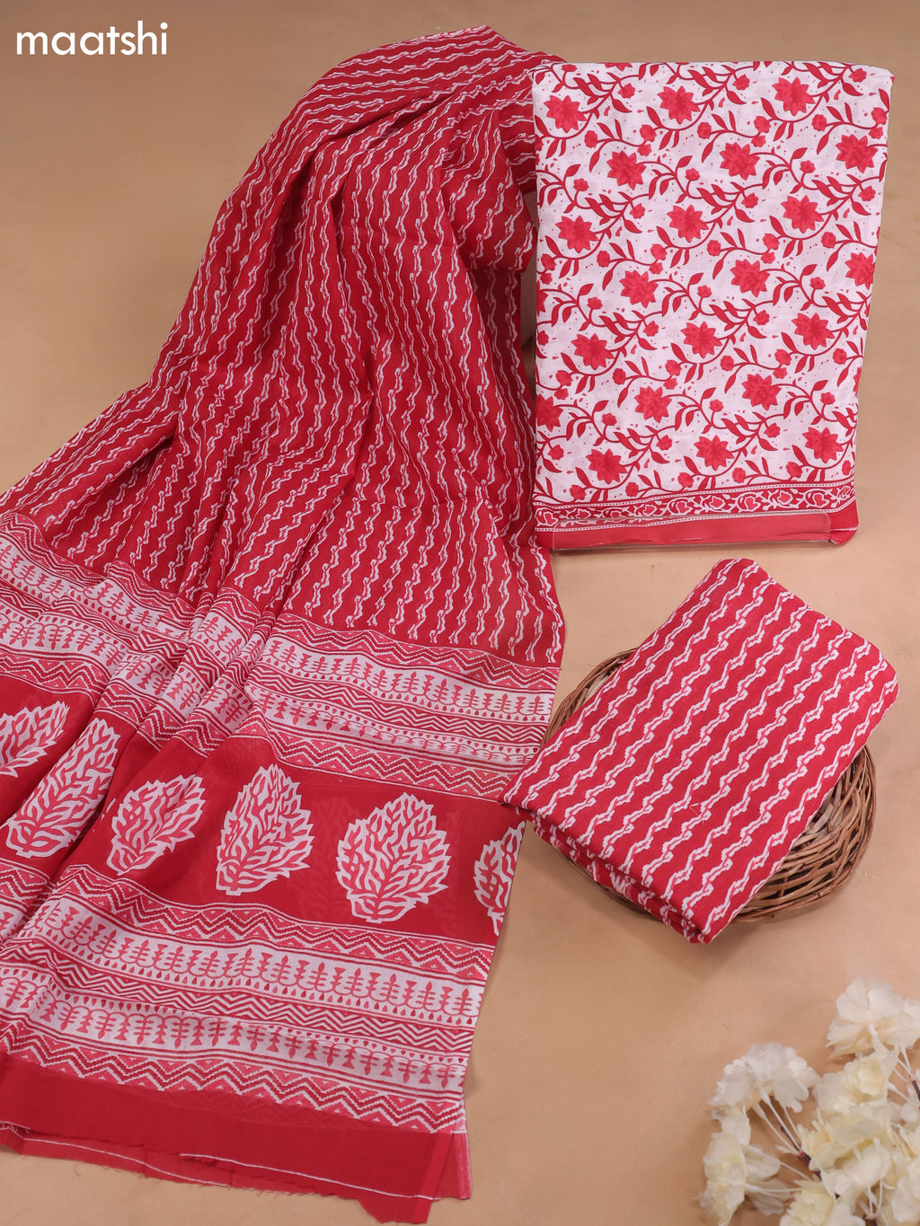 Off White and Red Cotton Dress Material With Allover Floral Prints and Bottom & Cotton Dupatta