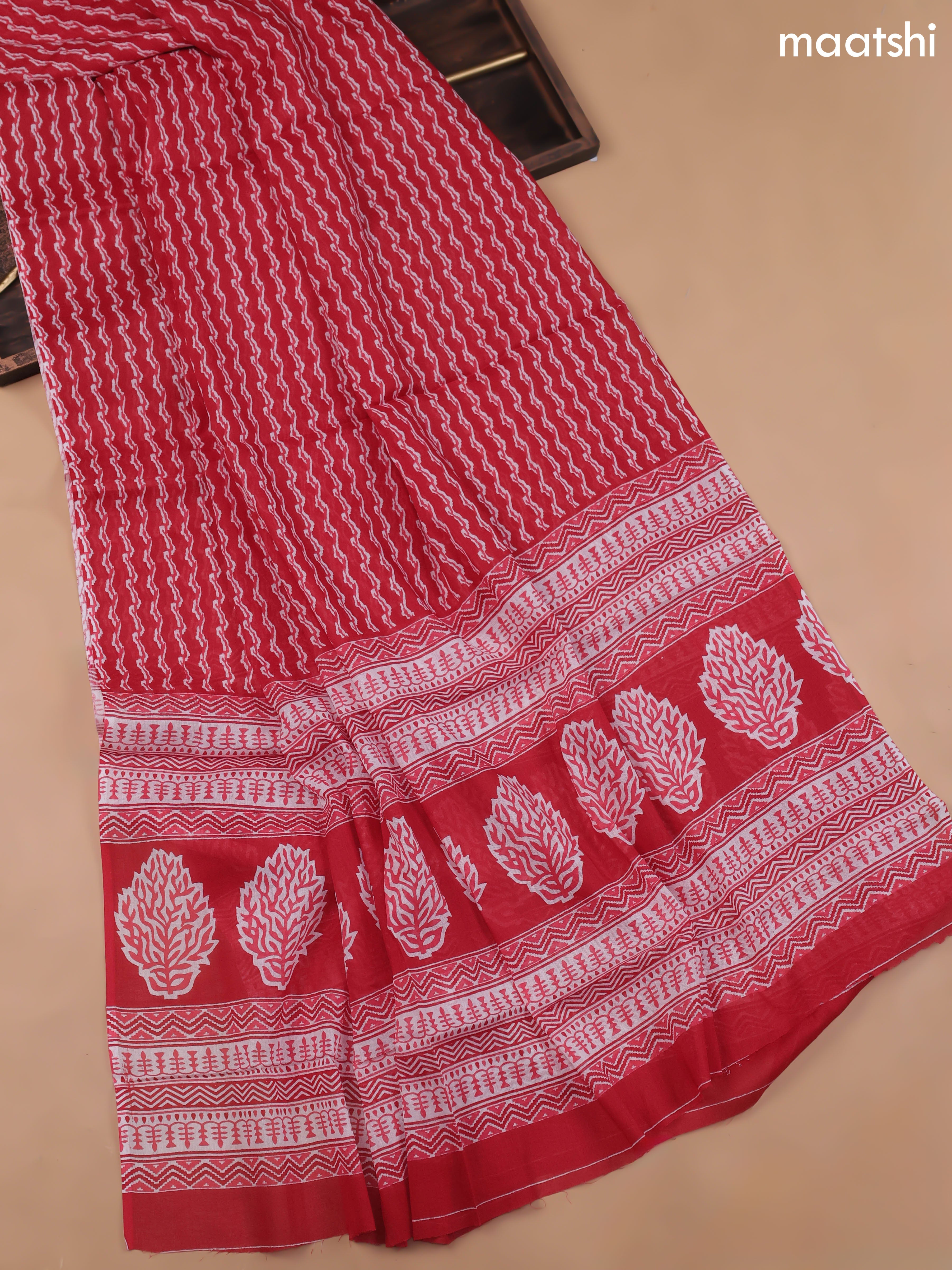 Off White and Red Cotton Dress Material With Allover Floral Prints and Bottom & Cotton Dupatta
