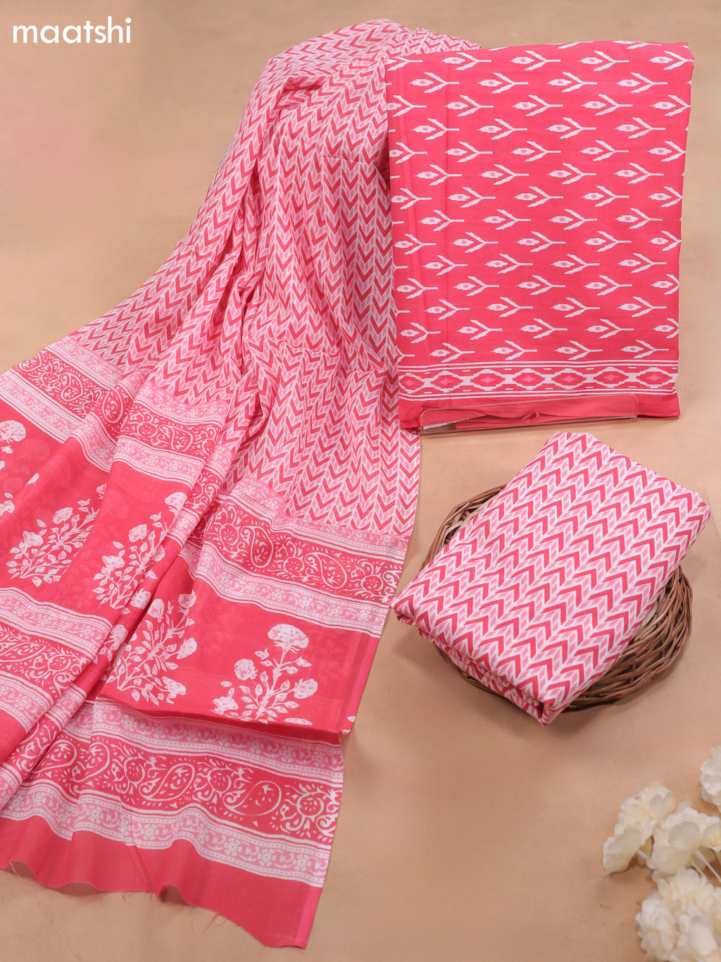 Off White and Pink Cotton Dress Material With Allover Ikat Weaves and Bottom & Cotton Dupatta