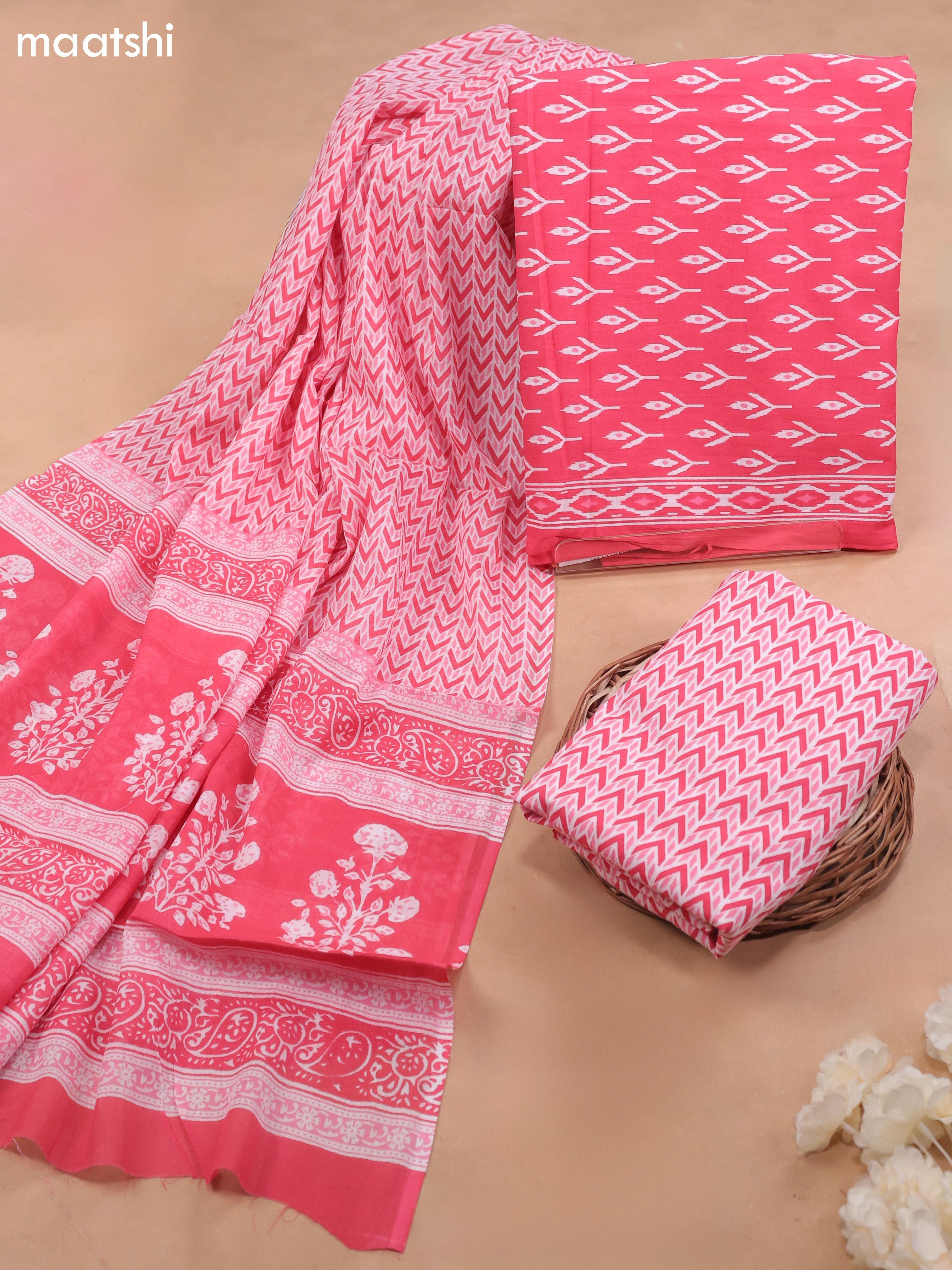 Off White and Pink Cotton Dress Material With Allover Ikat Weaves and Bottom & Cotton Dupatta