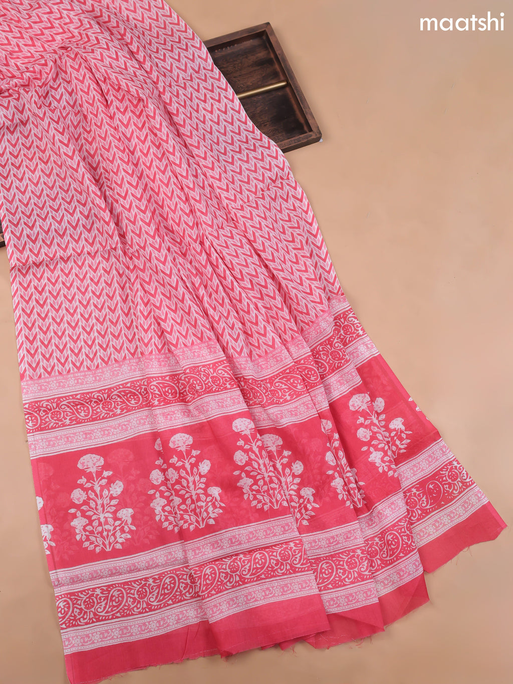 Off White and Pink Cotton Dress Material With Allover Ikat Weaves and Bottom & Cotton Dupatta