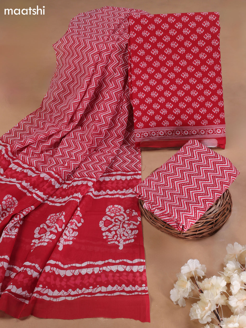 Red Cotton Dress Material With Allover Butta Prints and Bottom & Cotton Dupatta