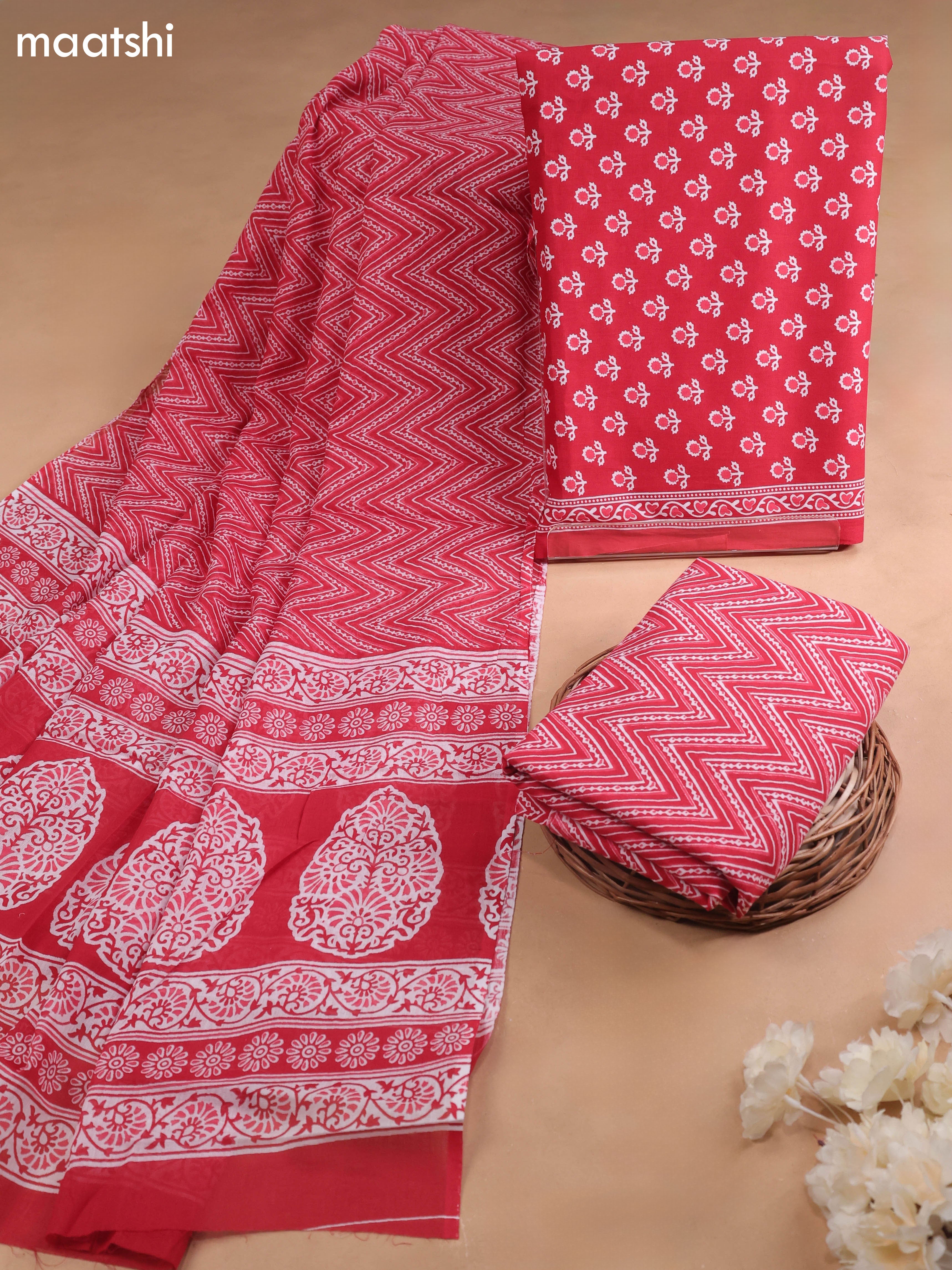 Red Cotton Dress Material With Allover Butta Prints and Bottom & Cotton Dupatta