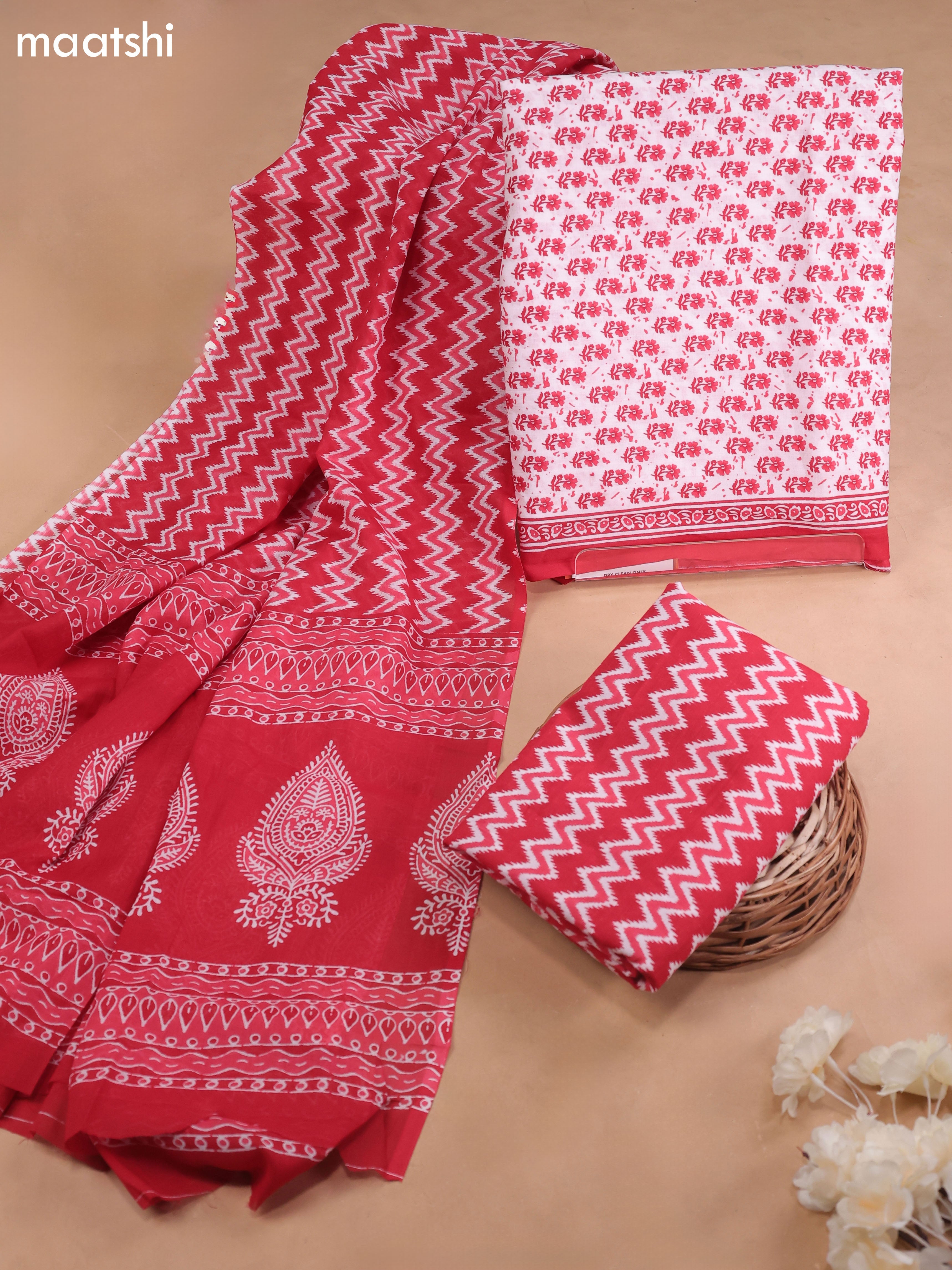 Red and Off White Cotton Dress Material With Allover Floral Prints and Bottom & Cotton Dupatta