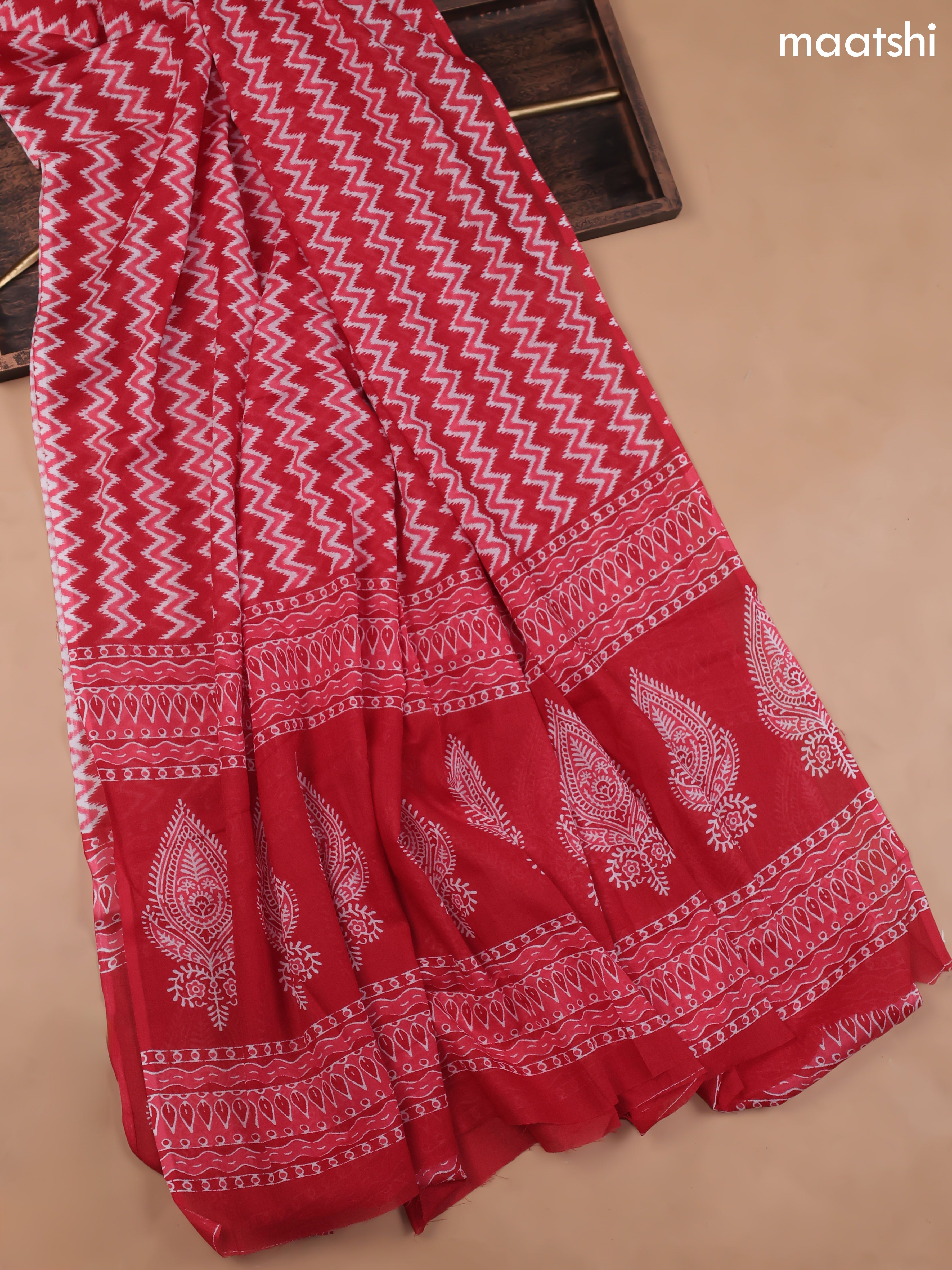 Red and Off White Cotton Dress Material With Allover Floral Prints and Bottom & Cotton Dupatta