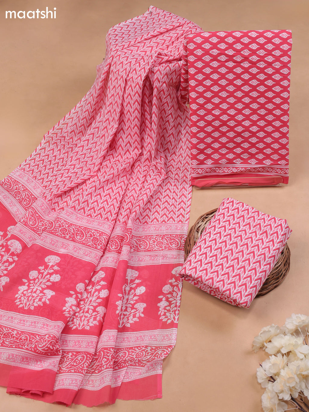 Pink and Off White Cotton Dress Material With Allover Butta Prints and Bottom & Cotton Dupatta