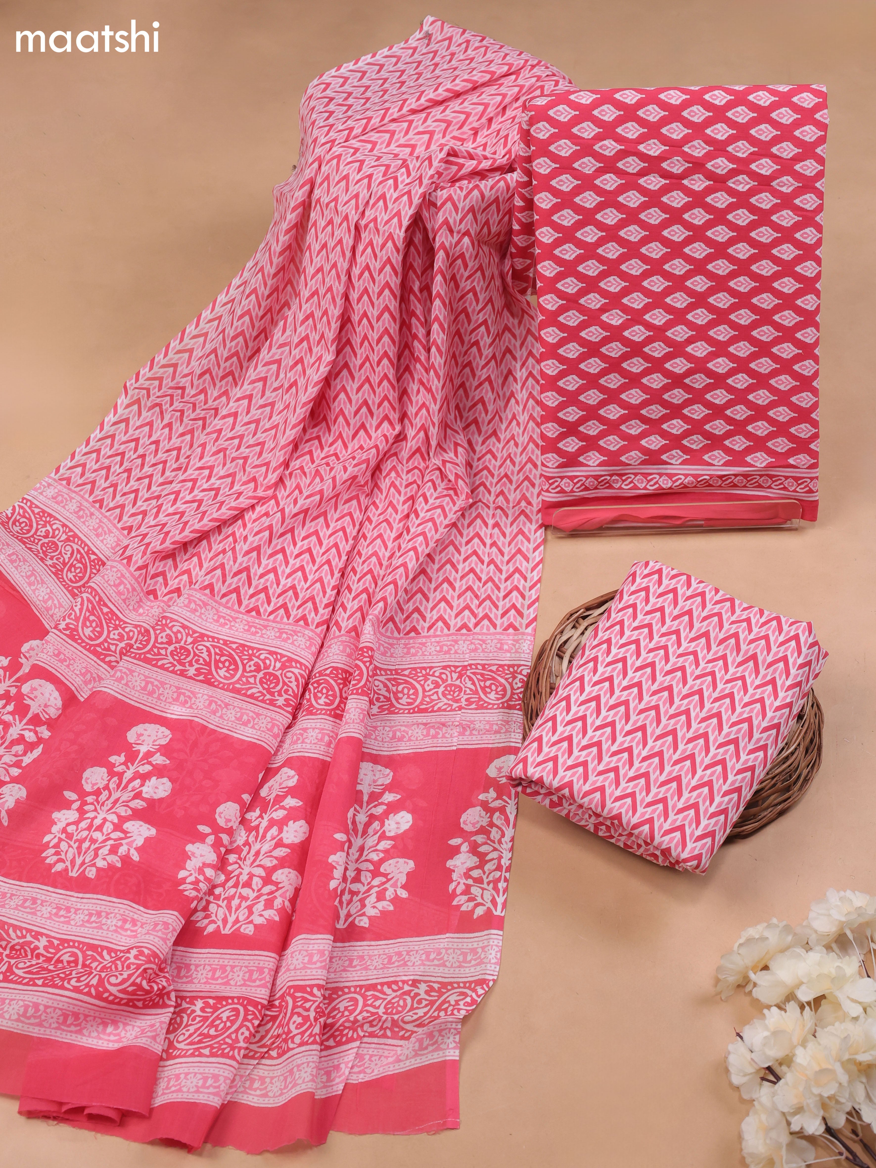 Pink and Off White Cotton Dress Material With Allover Butta Prints and Bottom & Cotton Dupatta