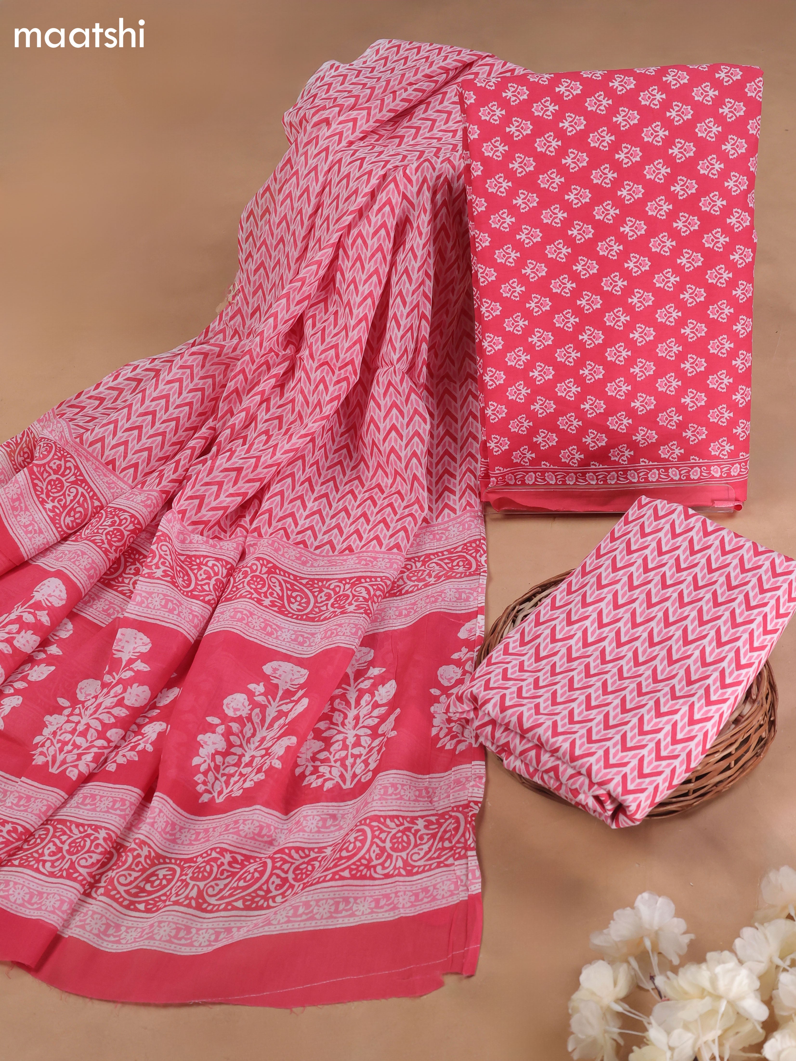 Pink and Off White Cotton Dress Material With Allover Butta Prints and Bottom & Cotton Dupatta