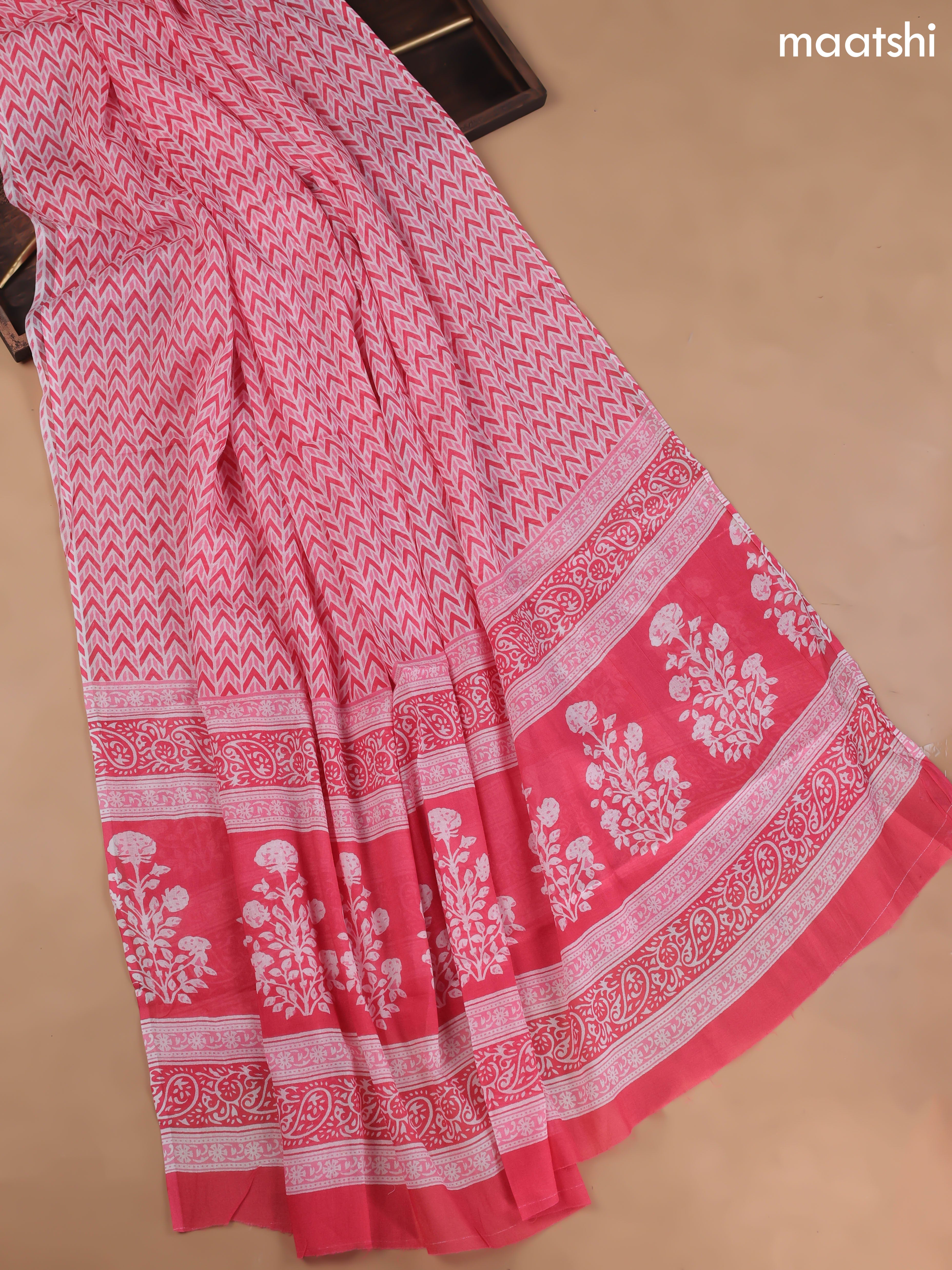 Pink and Off White Cotton Dress Material With Allover Butta Prints and Bottom & Cotton Dupatta