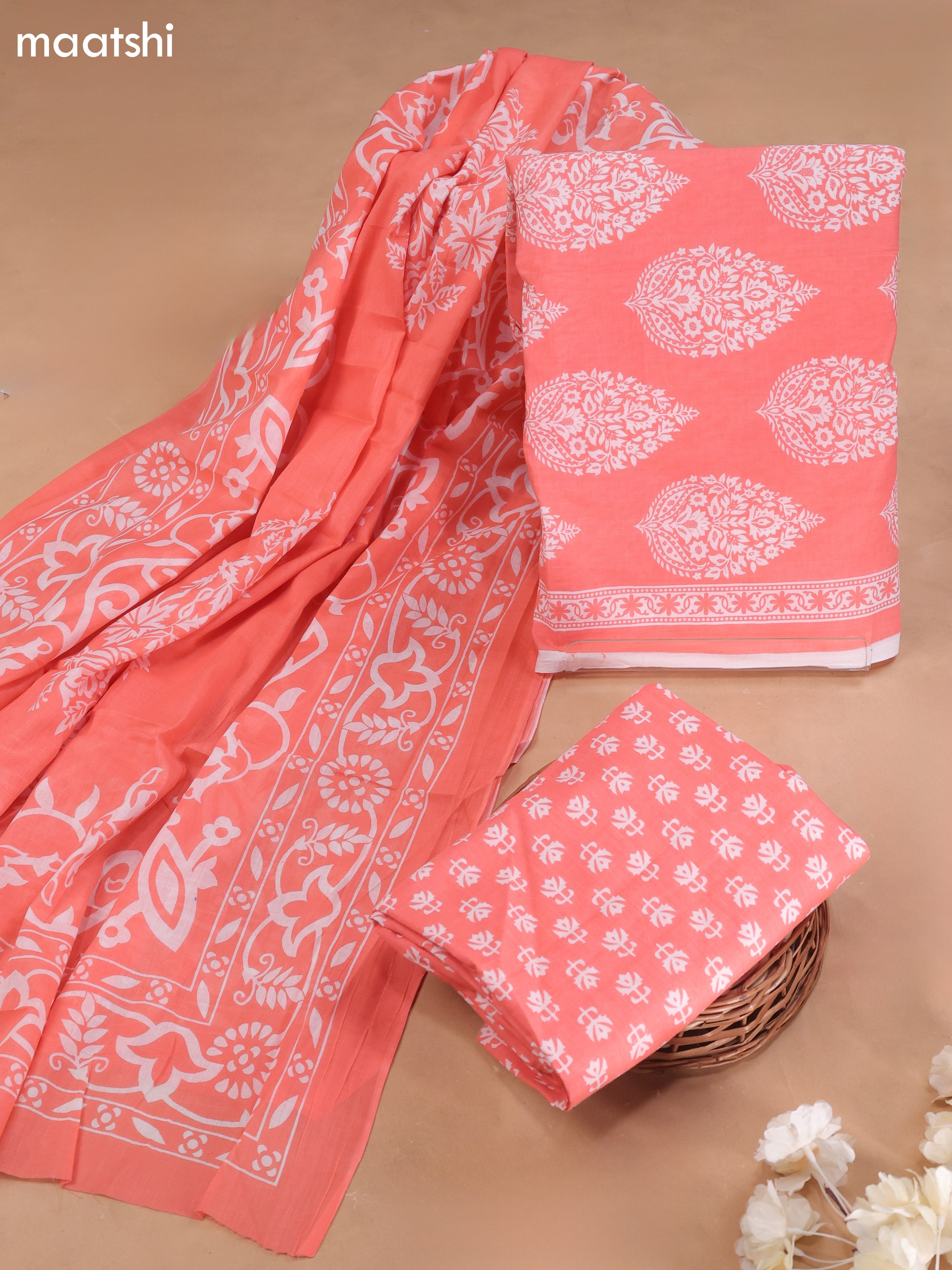 Peach Orange Cotton Dress Material With Allover Butta Prints and Bottom & Cotton Dupatta