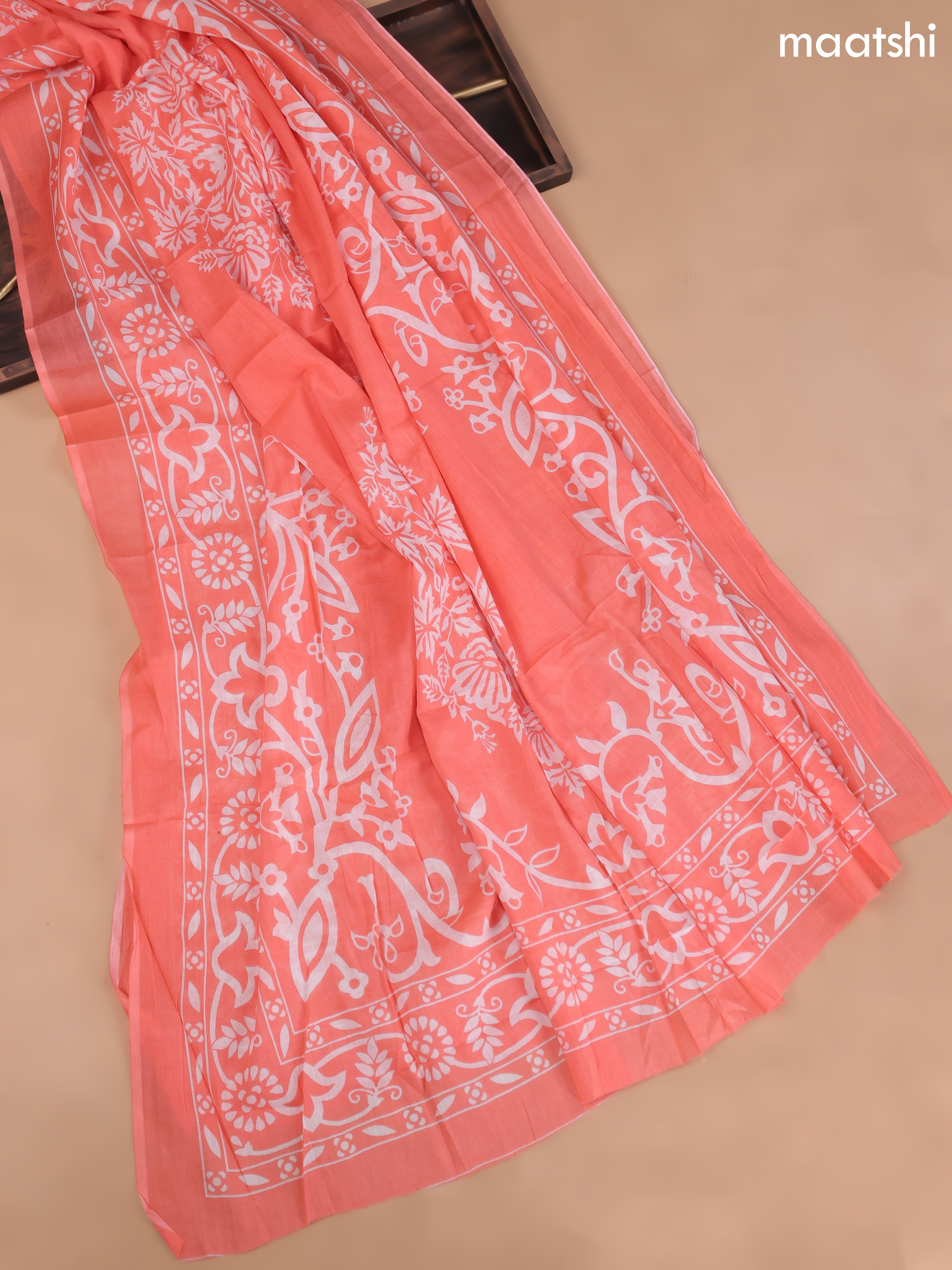 Peach Orange Cotton Dress Material With Allover Butta Prints and Bottom & Cotton Dupatta