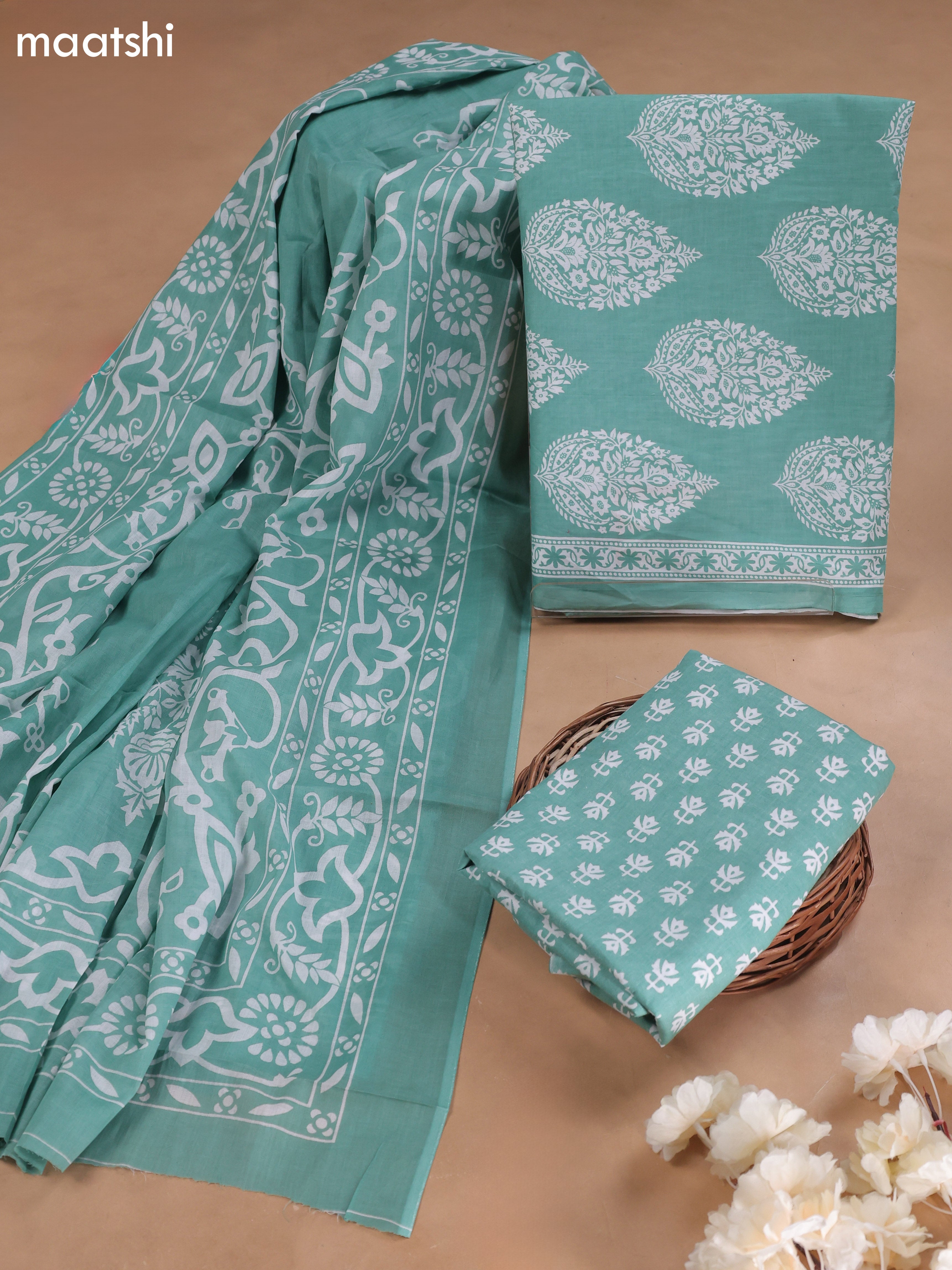 Teal Green Cotton Dress Material With Allover Butta Prints and Bottom & Cotton Dupatta