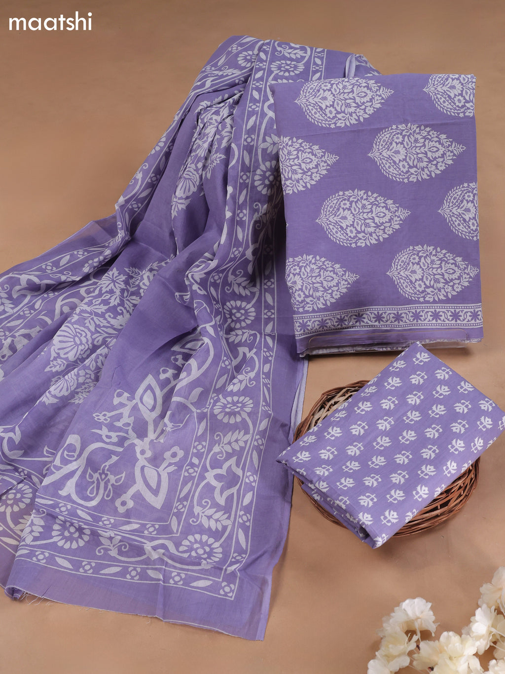 Lavender Cotton Dress Material With Allover Butta Prints and Bottom & Cotton Dupatta