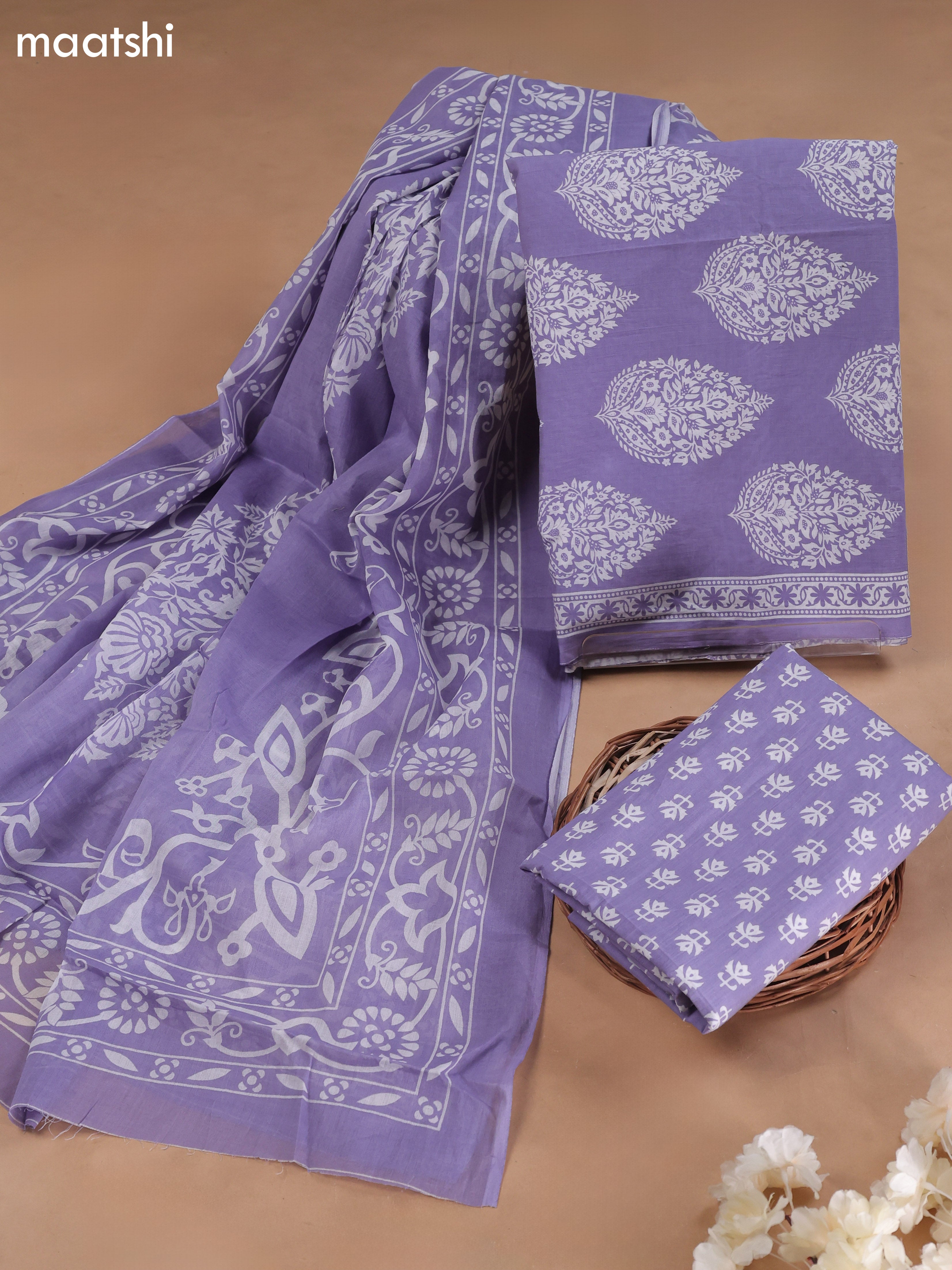 Lavender Cotton Dress Material With Allover Butta Prints and Bottom & Cotton Dupatta