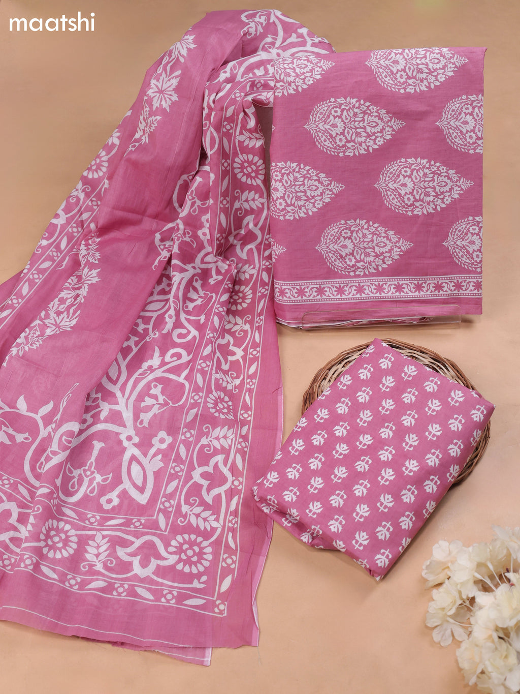 Mauve Pink Cotton Dress Material With Allover Butta Prints and Bottom & Cotton Dupatta