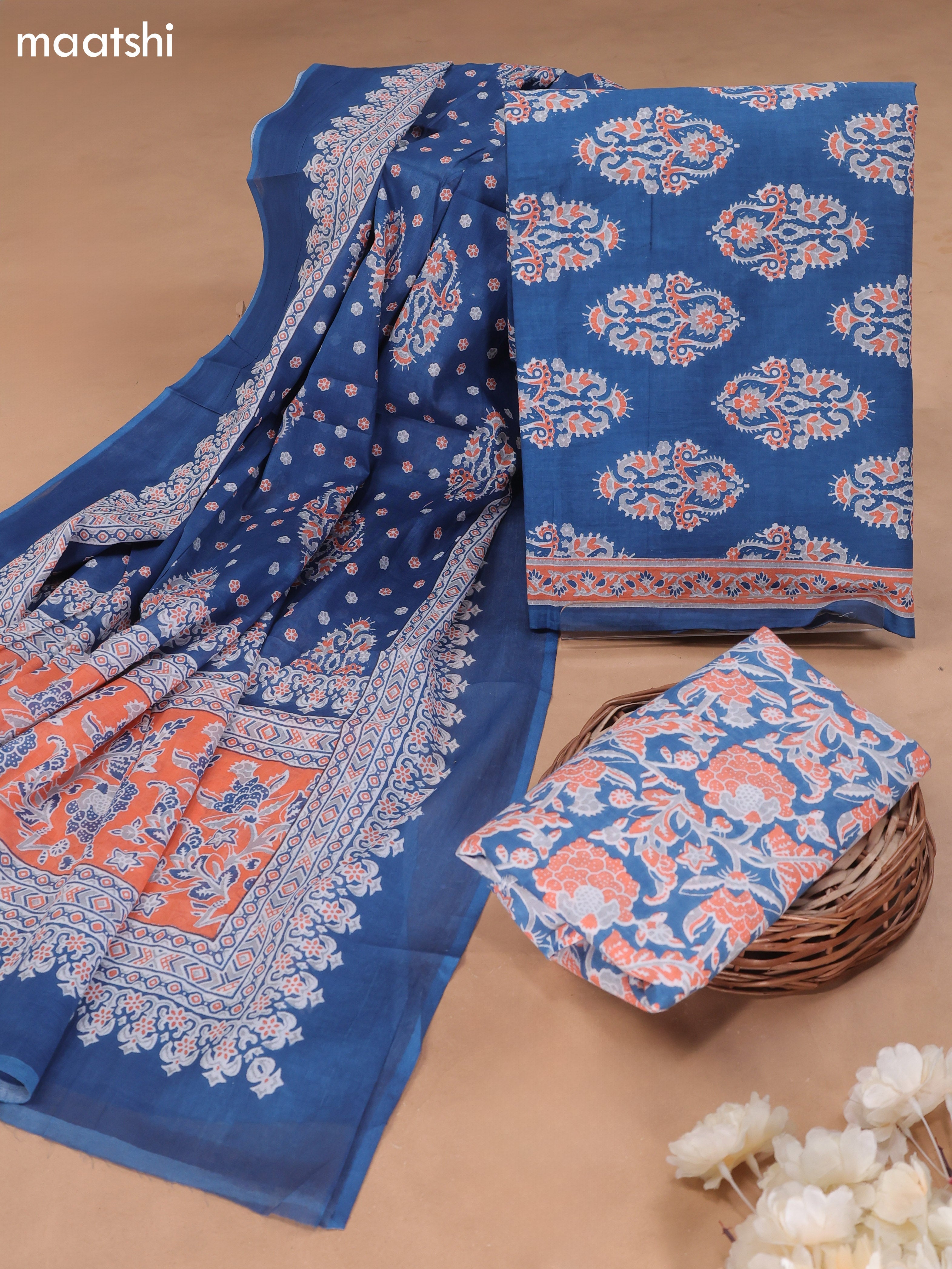 Blue Cotton Dress Material With Butta Prints and Bottom & Cotton Dupatta