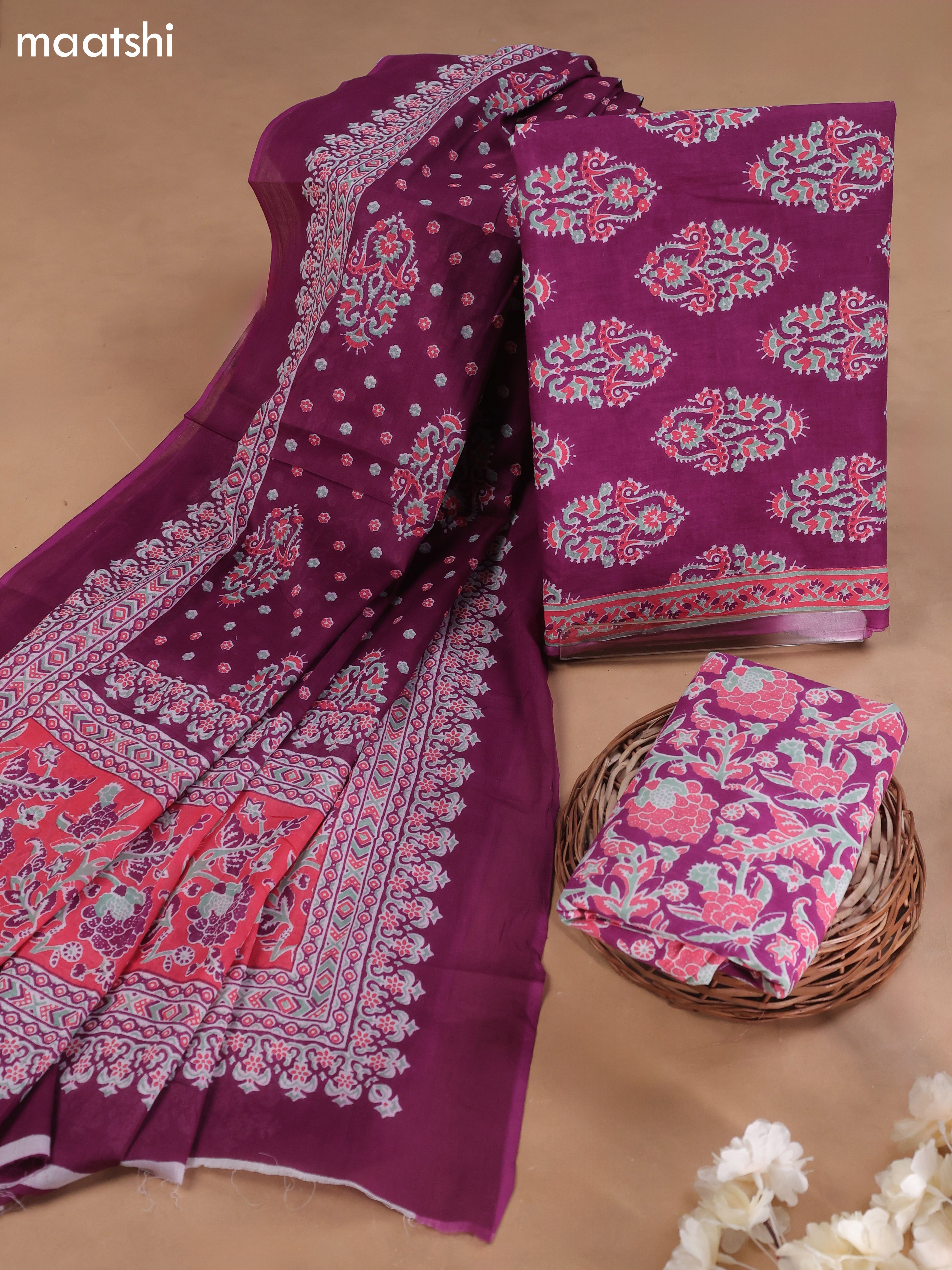 Violet Cotton Dress Material With Butta Prints and Bottom & Cotton Dupatta