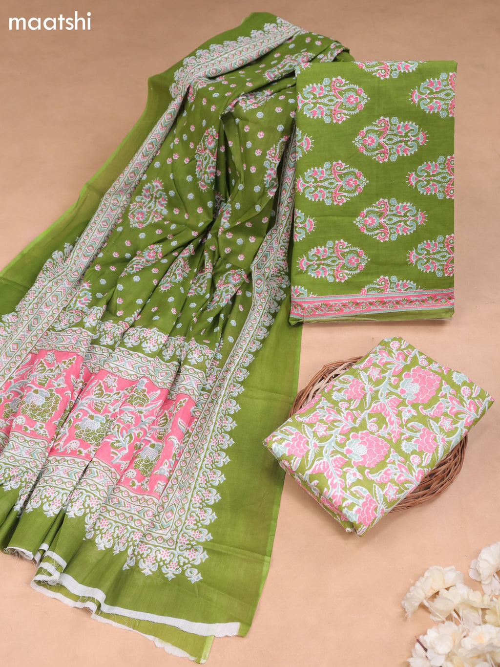 Green Cotton Dress Material With Butta Prints and Bottom & Cotton Dupatta