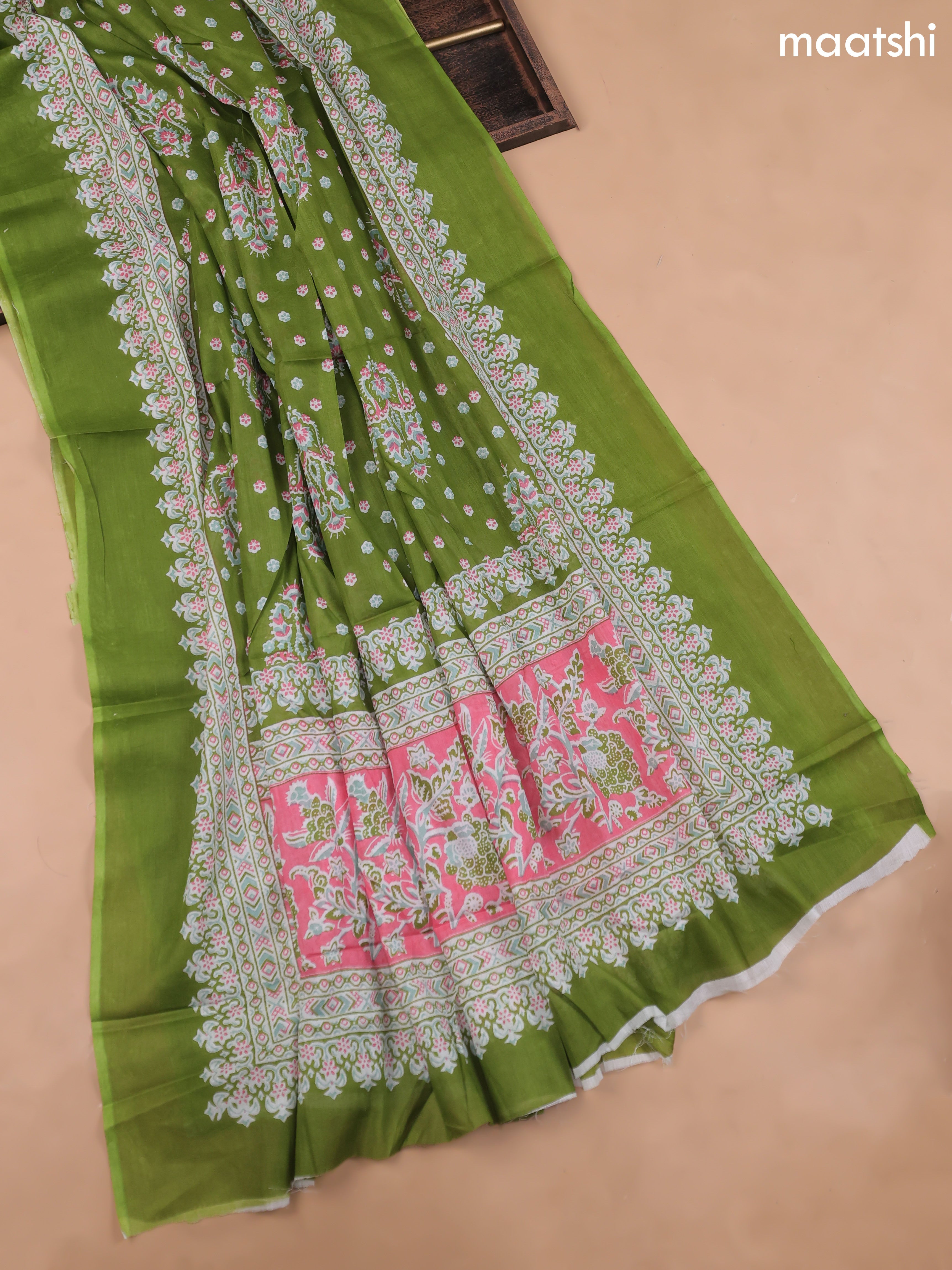 Green Cotton Dress Material With Butta Prints and Bottom & Cotton Dupatta