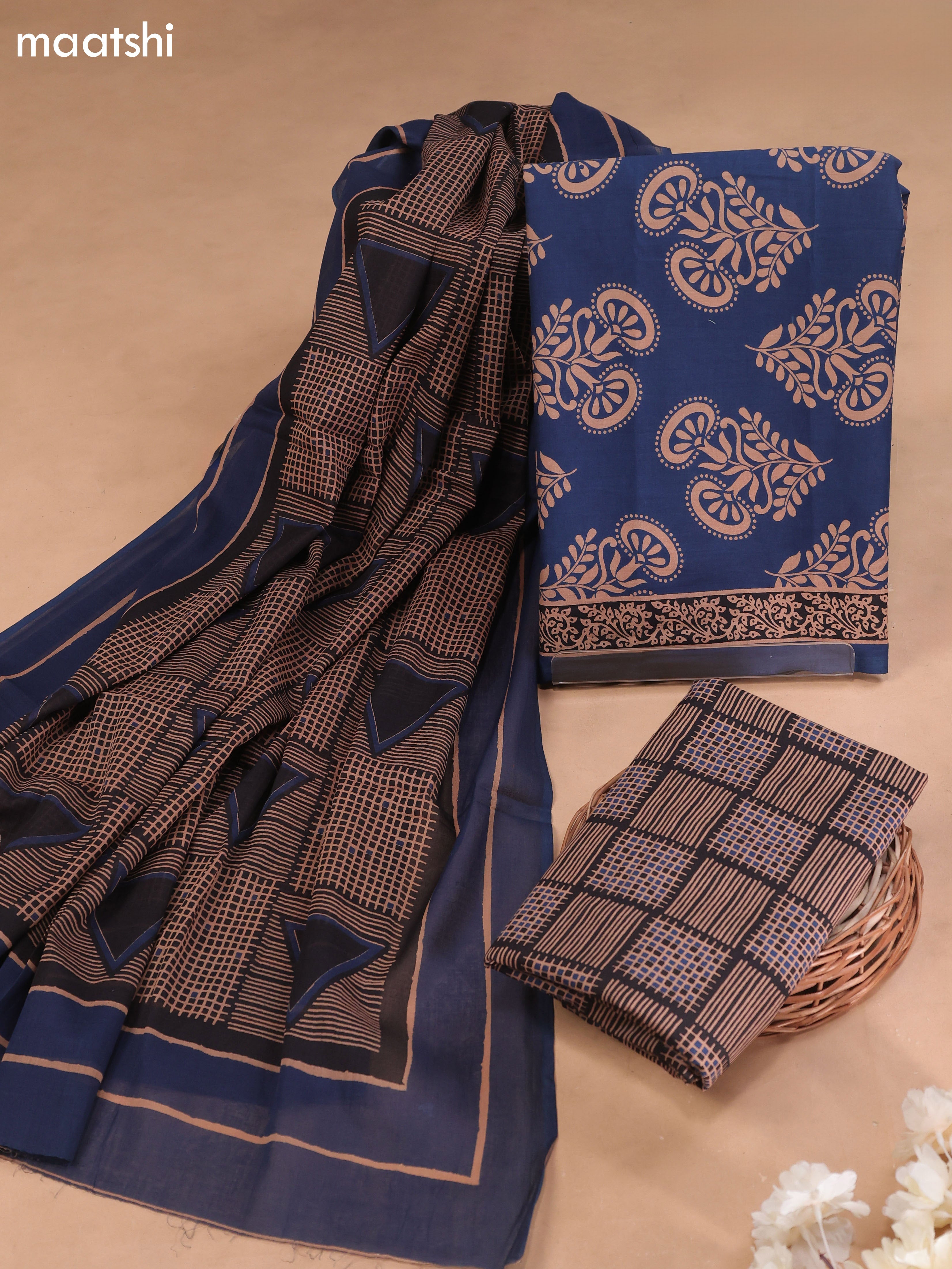Navy Blue Cotton Dress Material With Butta Prints and Bottom & Cotton Dupatta
