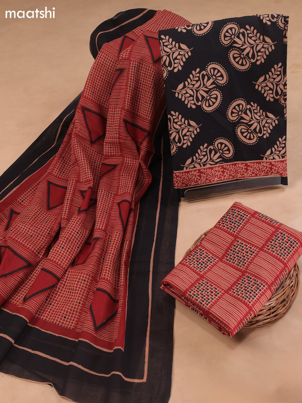 Black Cotton Dress Material With Butta Prints and Bottom & Cotton Dupatta