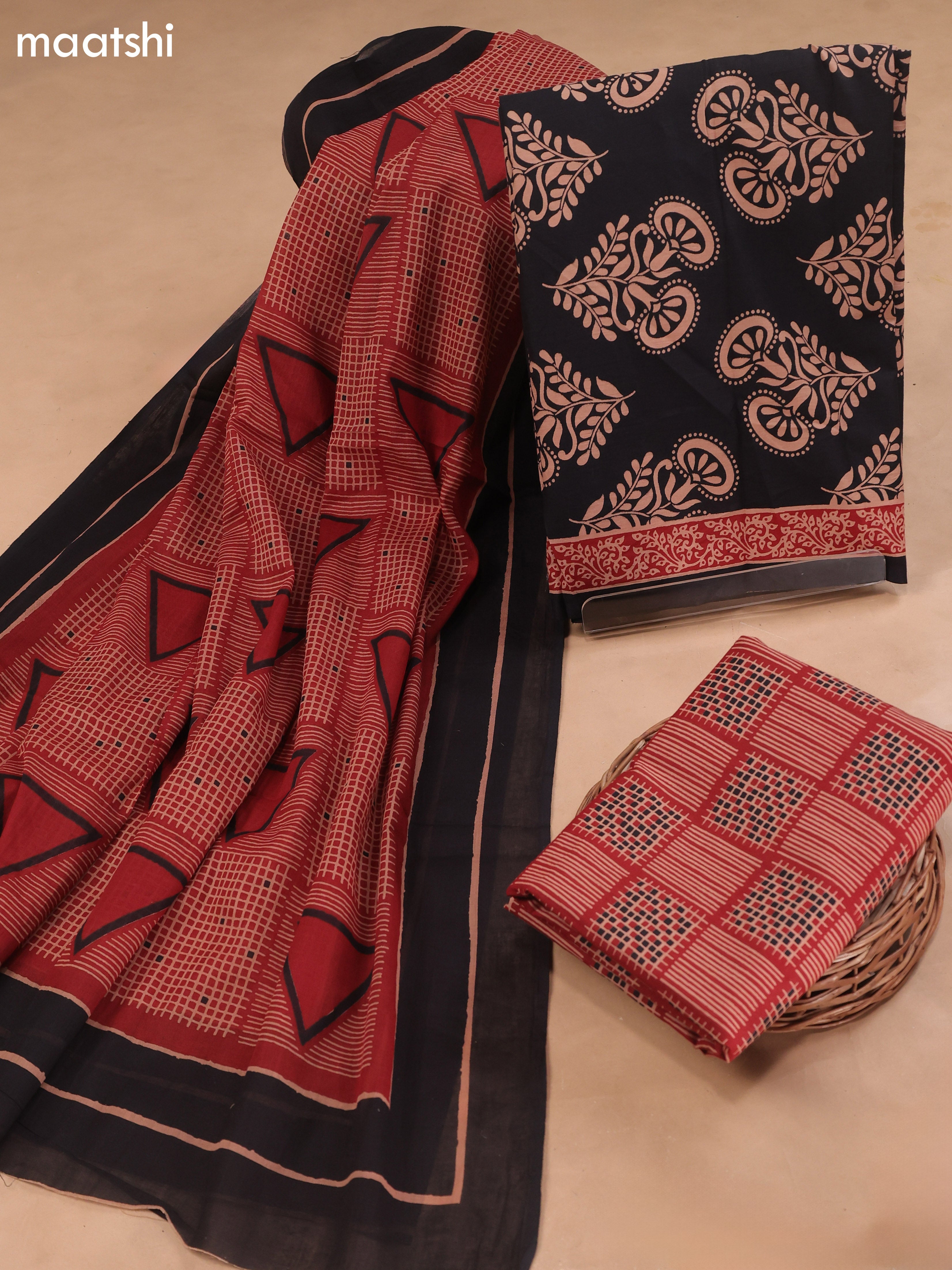 Black Cotton Dress Material With Butta Prints and Bottom & Cotton Dupatta
