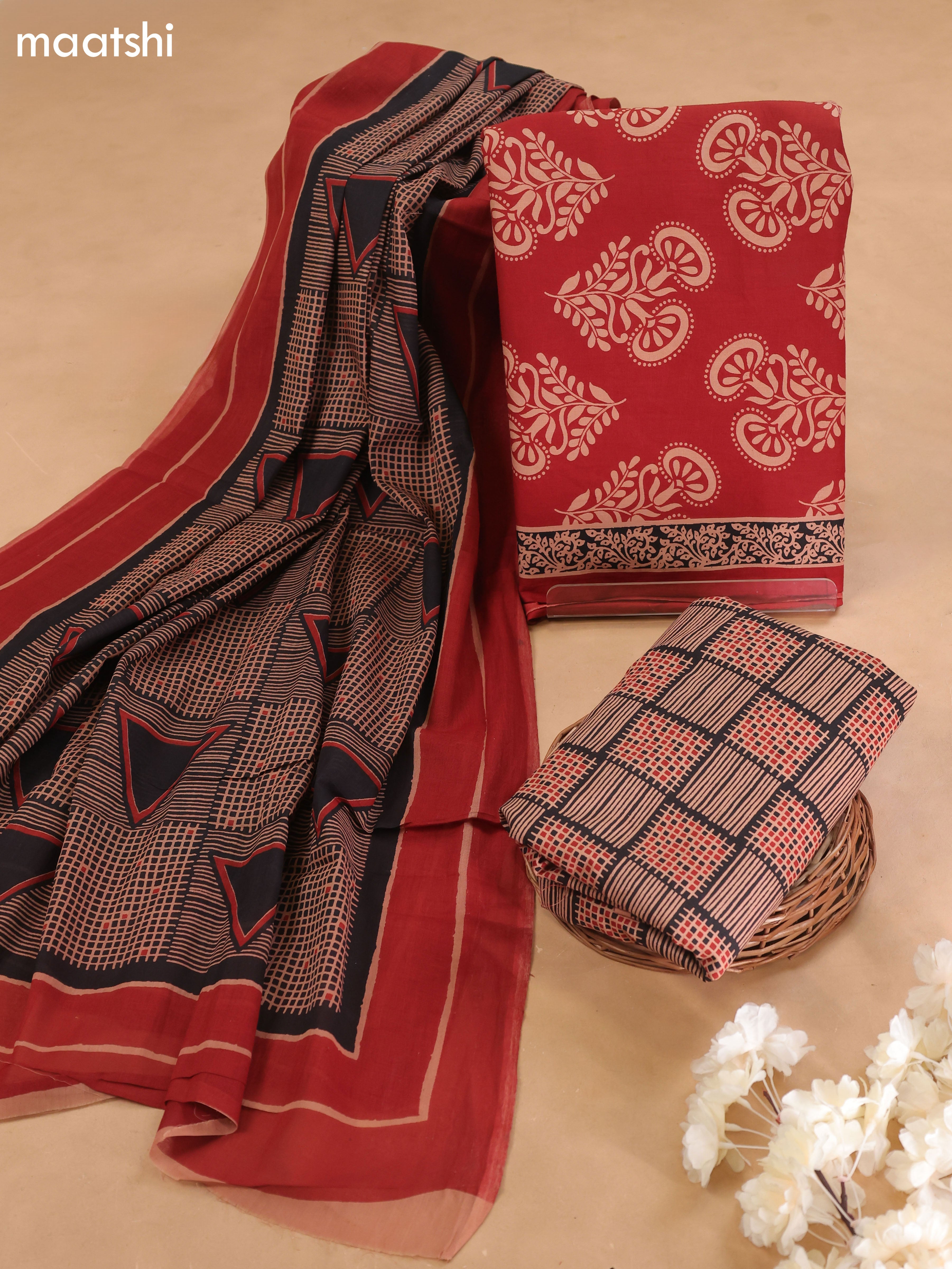 Maroon Cotton Dress Material With Butta Prints and Bottom & Cotton Dupatta