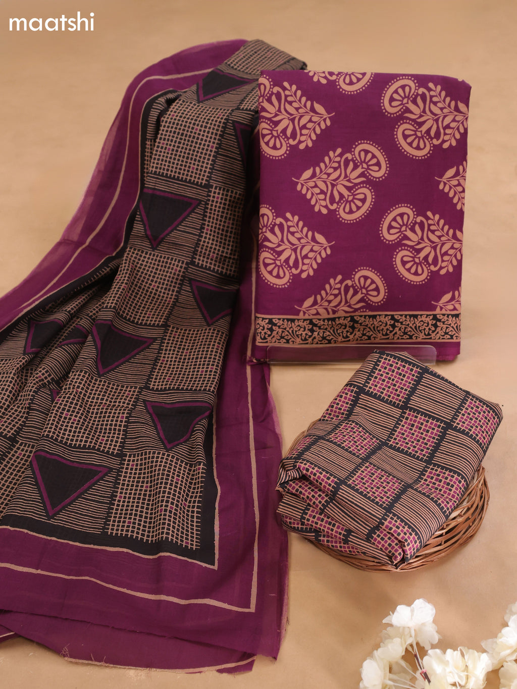 Purple Cotton Dress Material With Butta Prints and Bottom & Cotton Dupatta