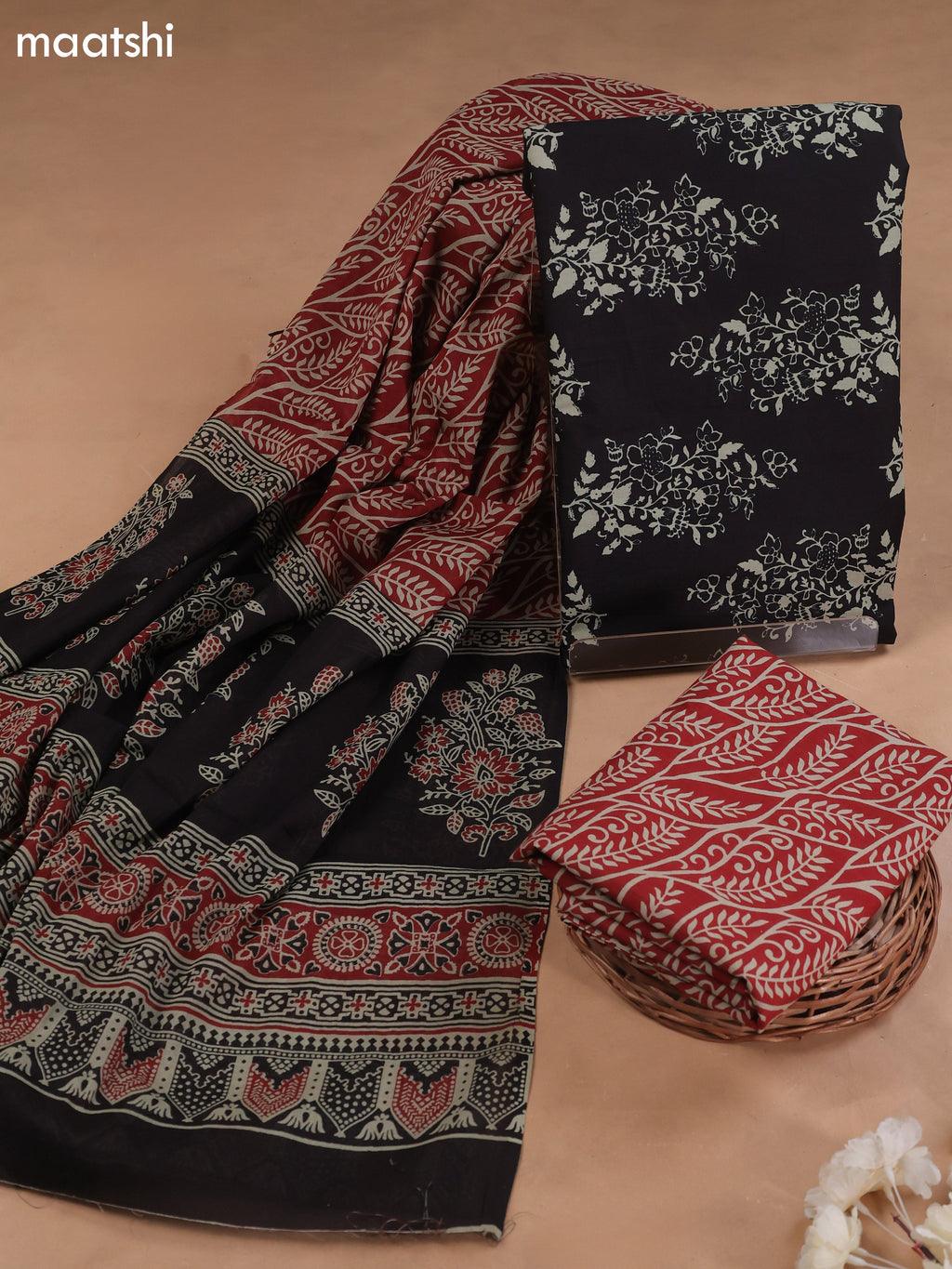 Black Cotton Dress Material With Butta Prints and Bottom & Cotton Dupatta
