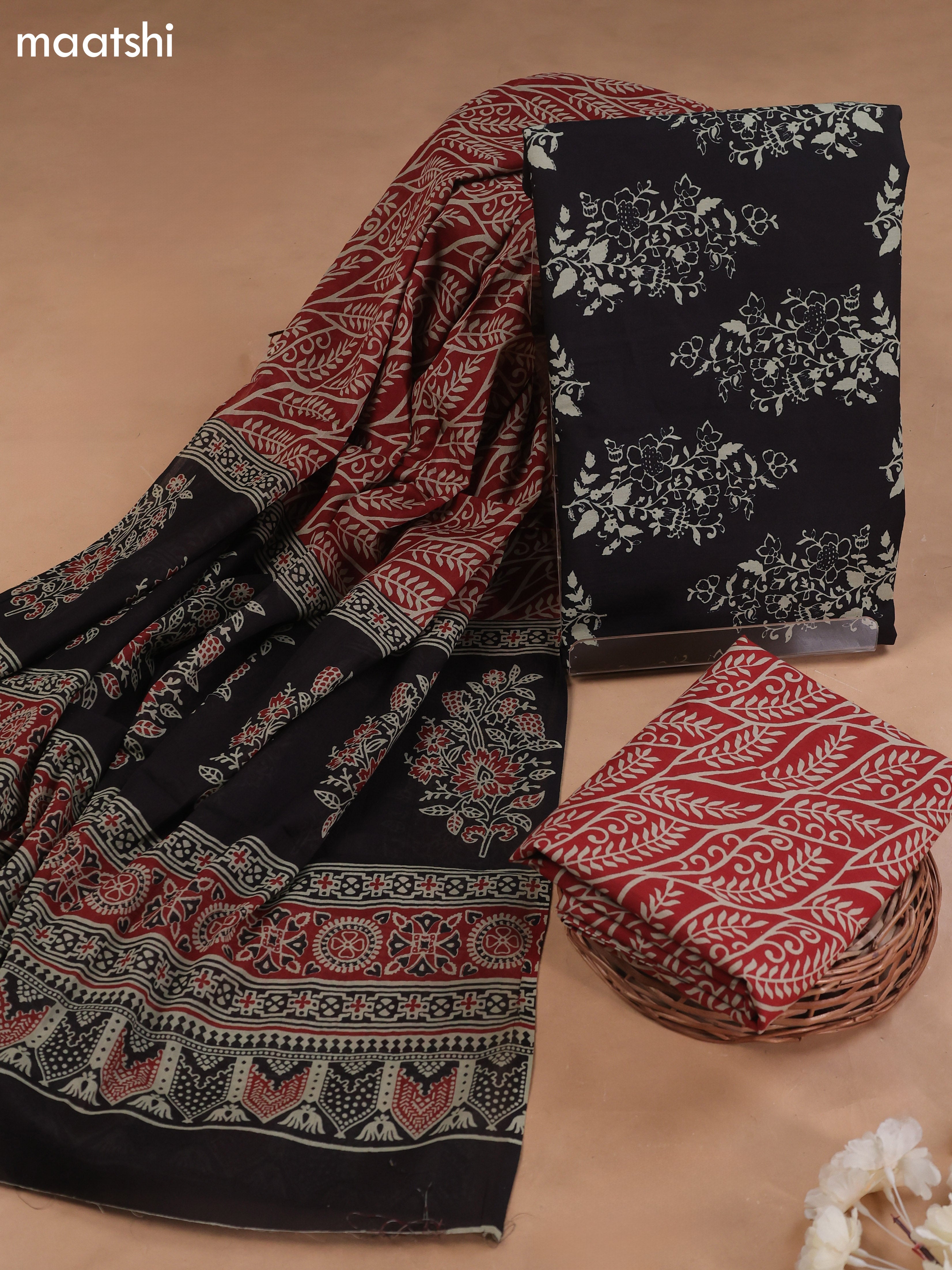 Black Cotton Dress Material With Butta Prints and Bottom & Cotton Dupatta