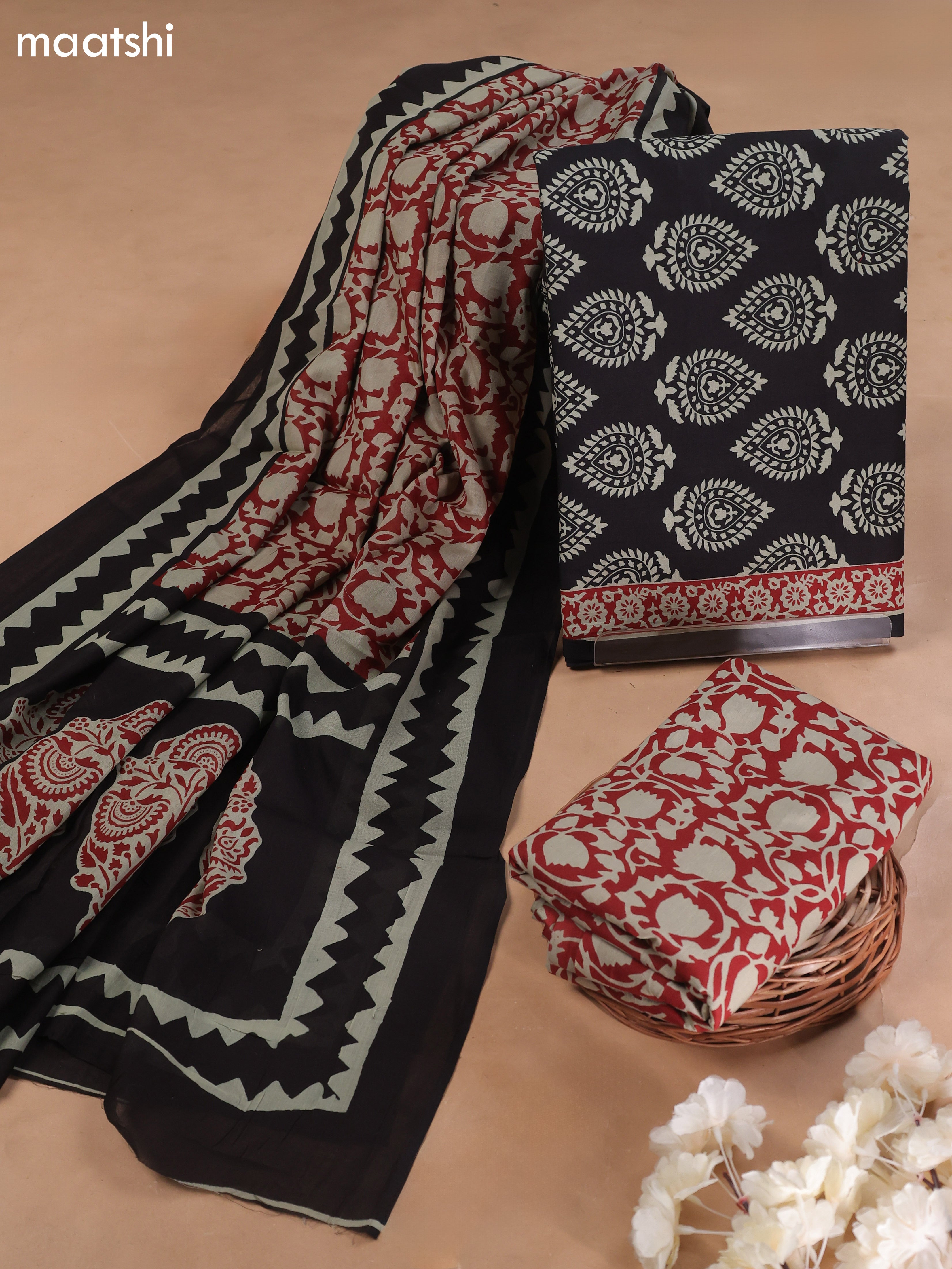 Black Cotton Dress Material With Butta Prints and Bottom & Cotton Dupatta
