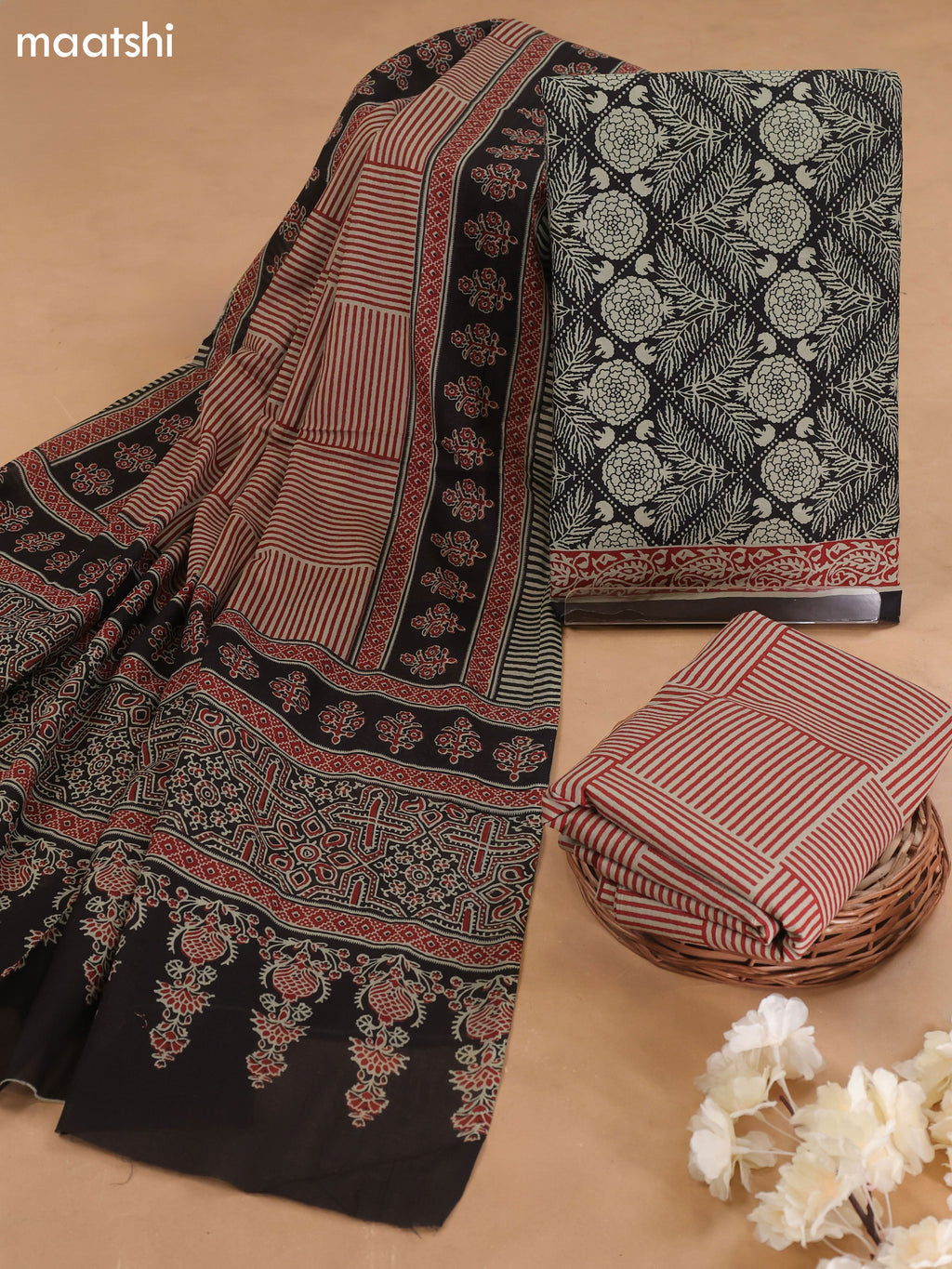 Black Cotton Dress Material With Floral Prints and Bottom & Cotton Dupatta