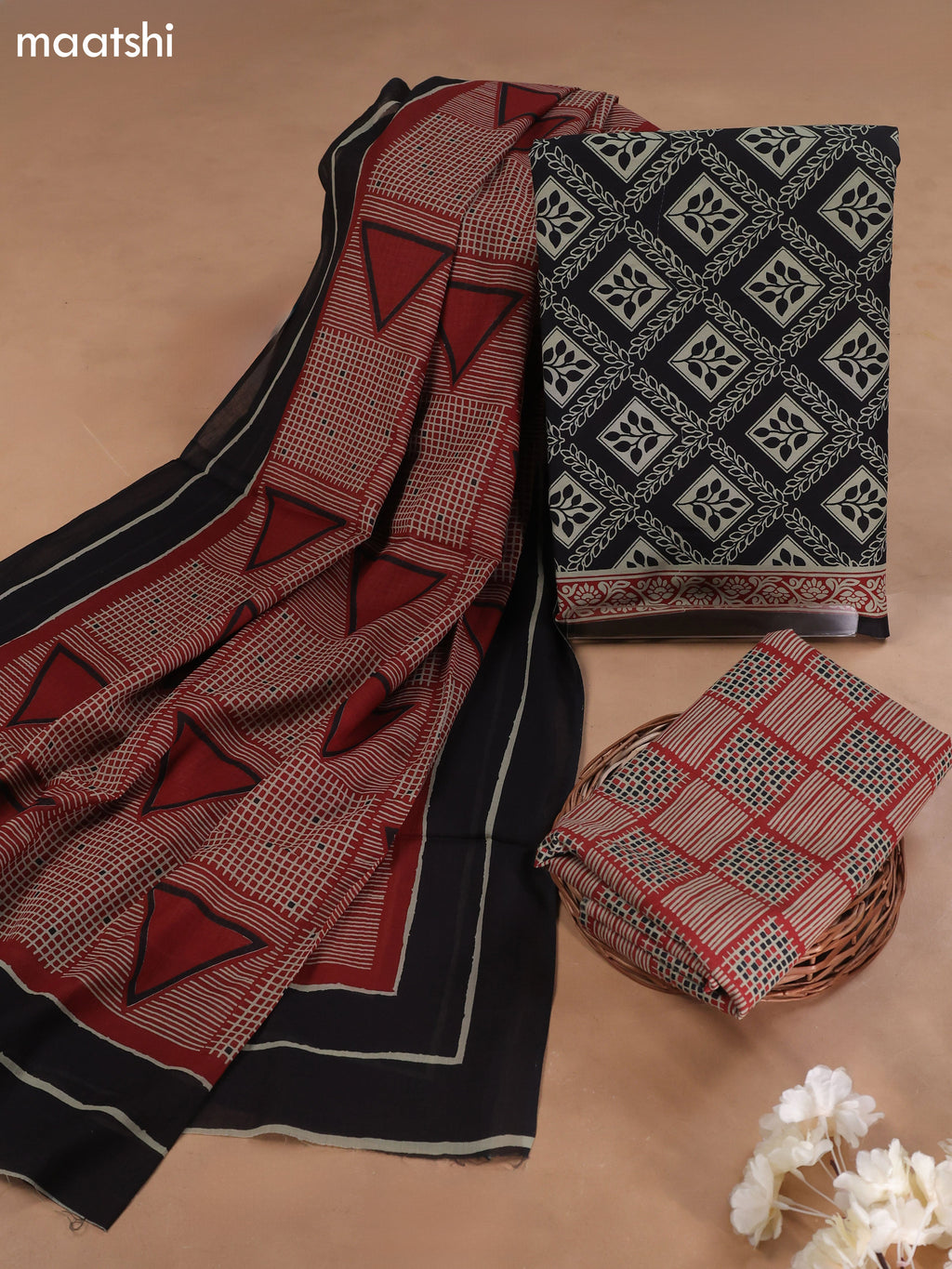 Black Cotton Dress Material With Butta Prints and Bottom & Cotton Dupatta