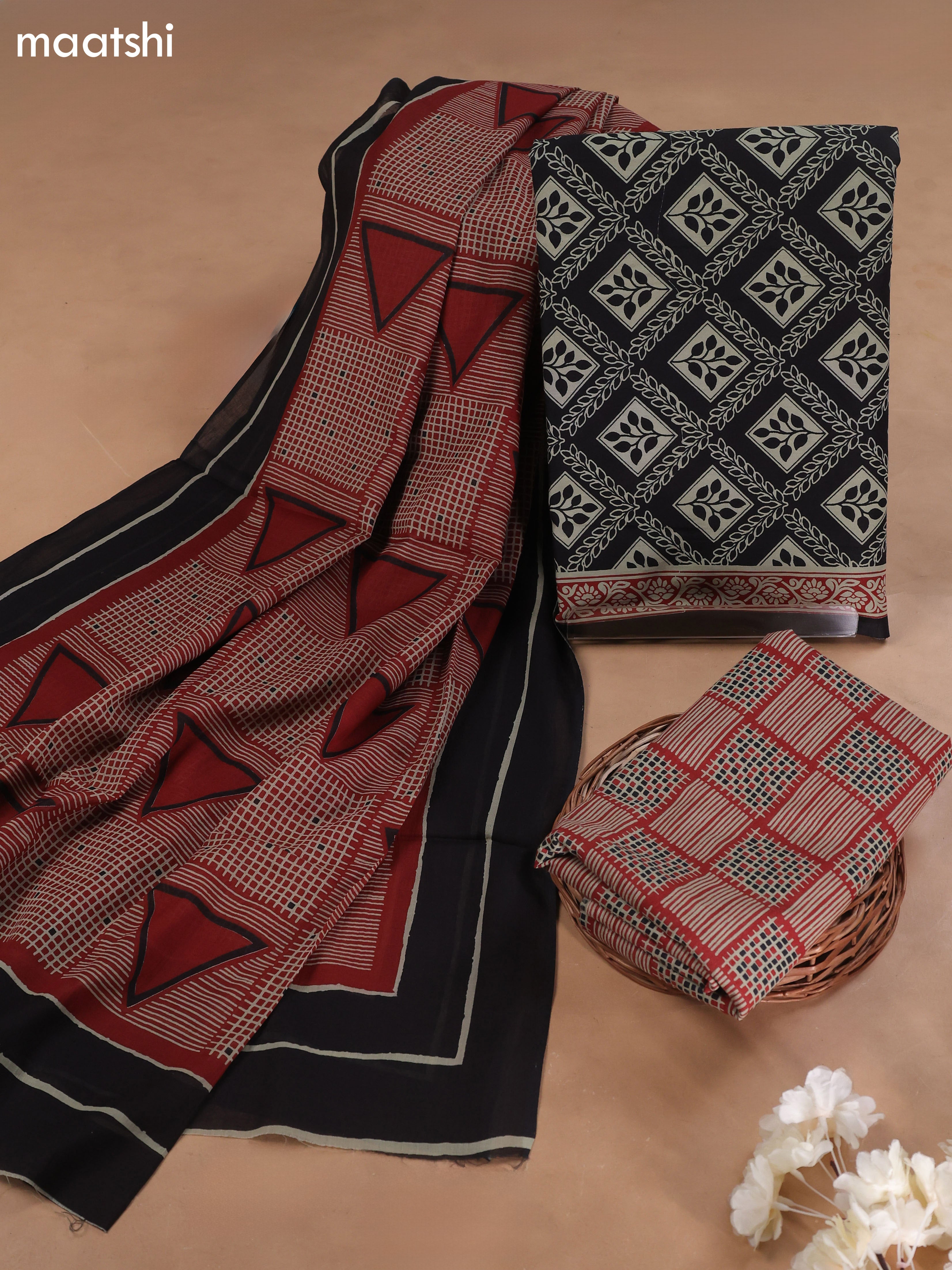 Black Cotton Dress Material With Butta Prints and Bottom & Cotton Dupatta