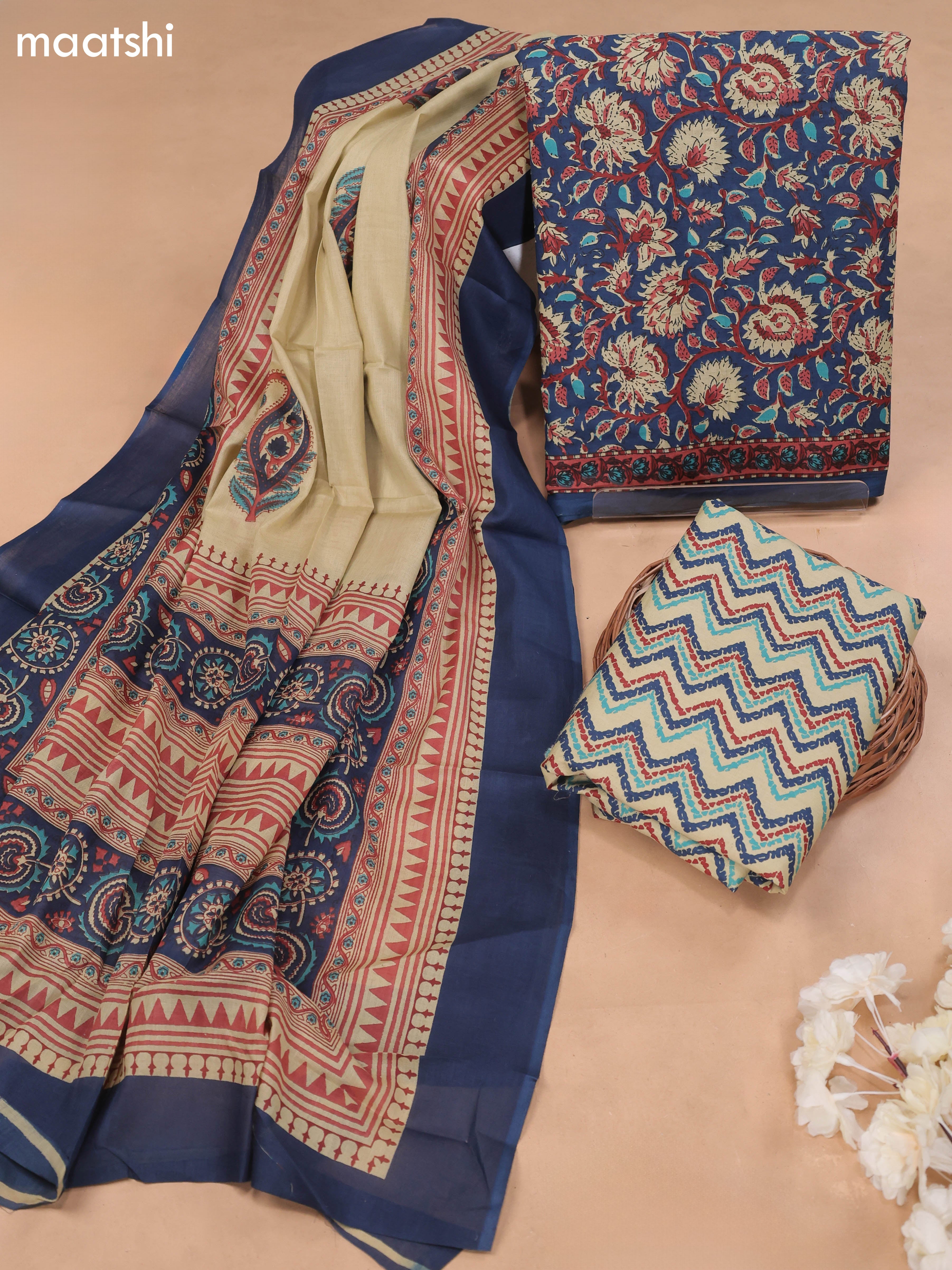 Blue Cotton Dress Material With Allover Kalakari Prints and Bottom & Cotton Dupatta