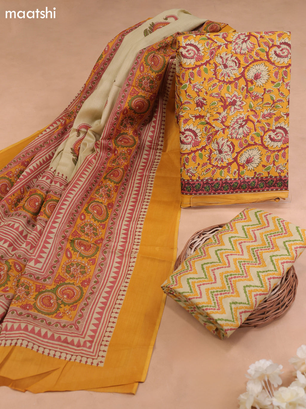 Yellow Cotton Dress Material With Allover Kalakari Prints and Bottom & Cotton Dupatta