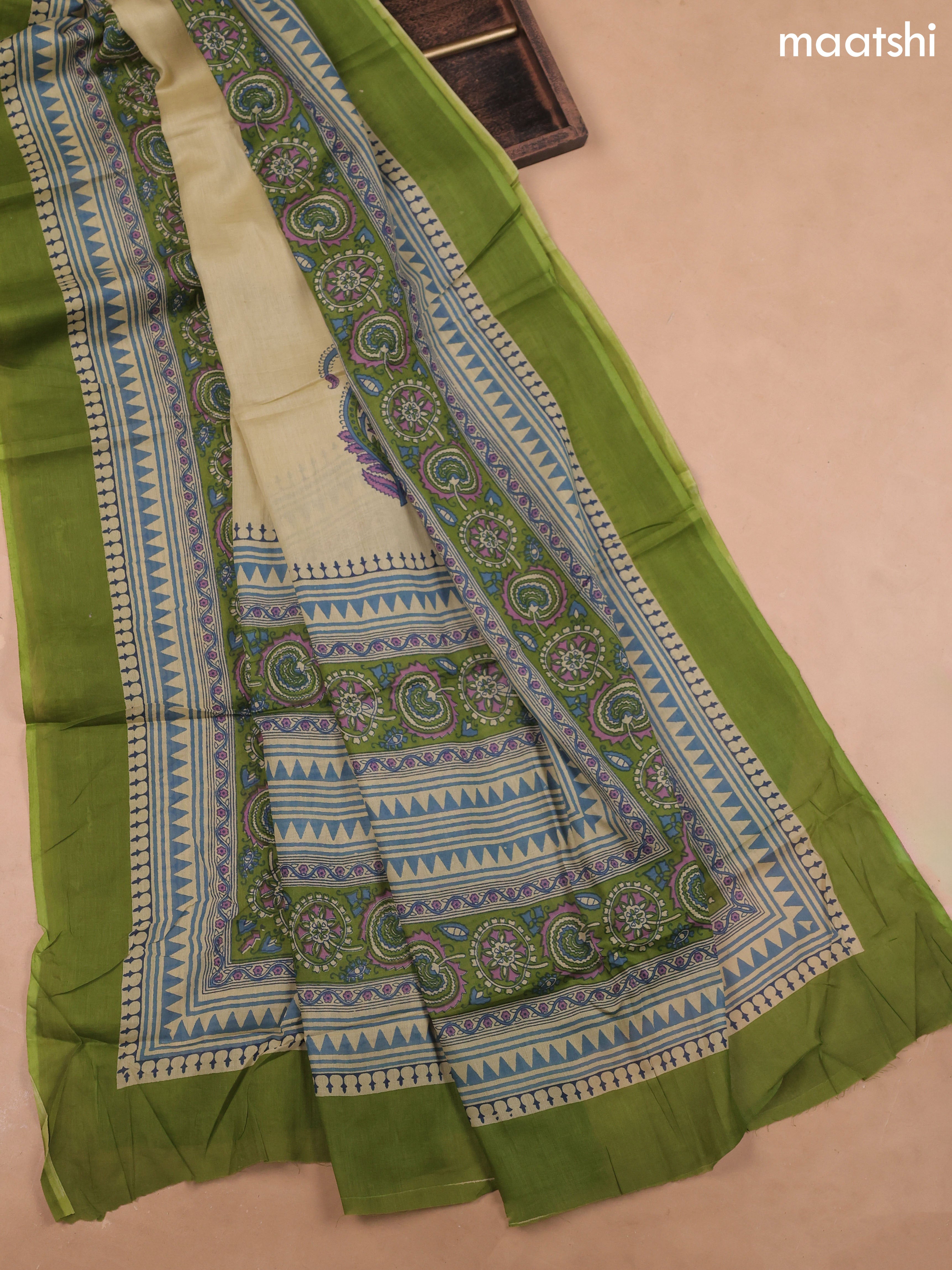 Green Cotton Dress Material With Allover Kalakari Prints and Bottom & Cotton Dupatta